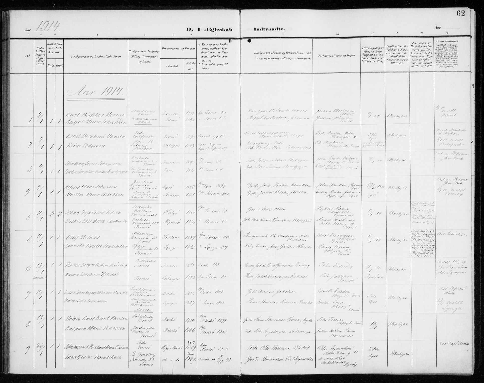 Tromsø sokneprestkontor/stiftsprosti/domprosti, AV/SATØ-S-1343/G/Ga/L0018kirke: Parish register (official) no. 18, 1907-1917, p. 62