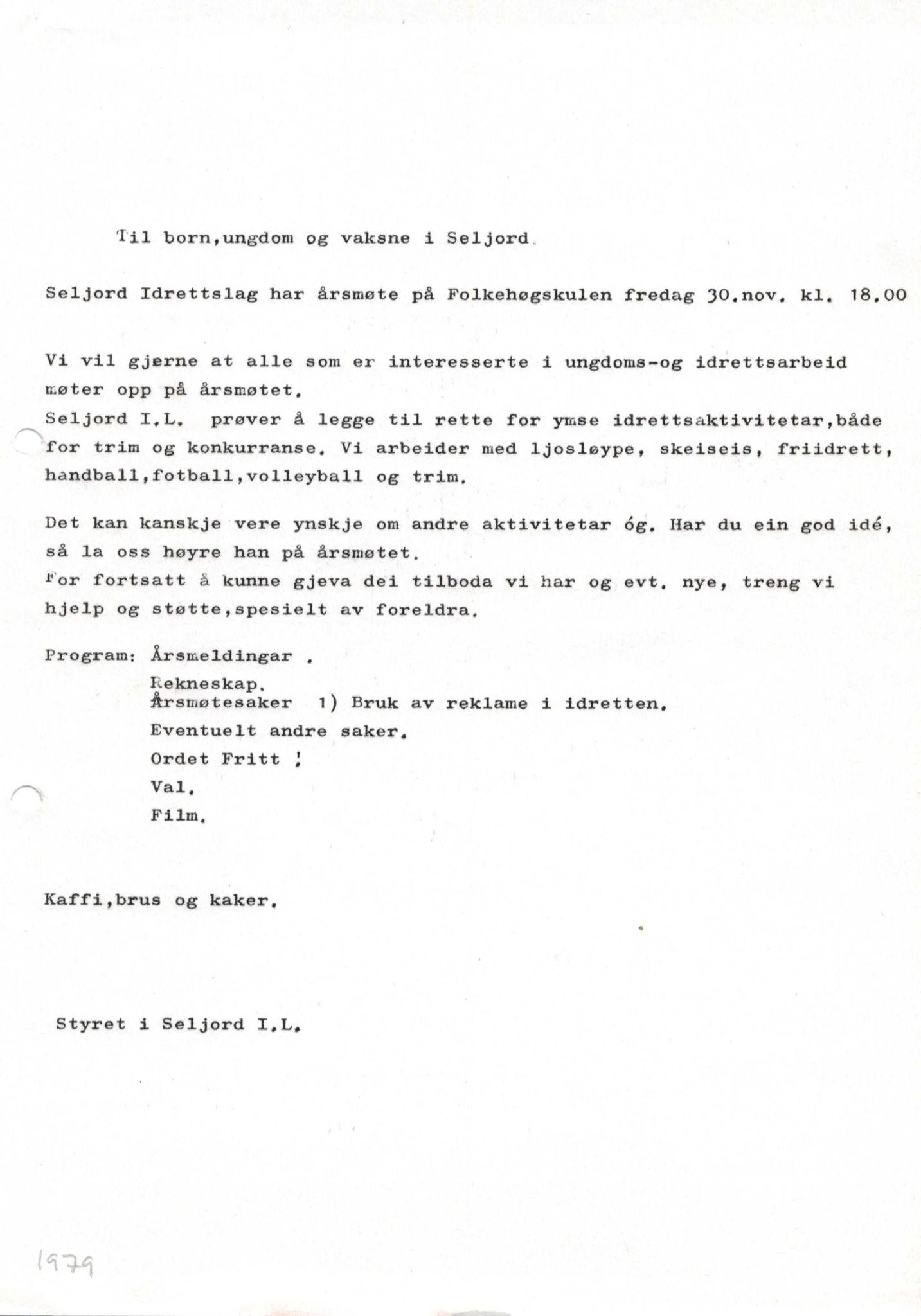 Seljord Idrettslag, VTM/A-1034/A/Ab/L0001: Årsmeldingar, 1979