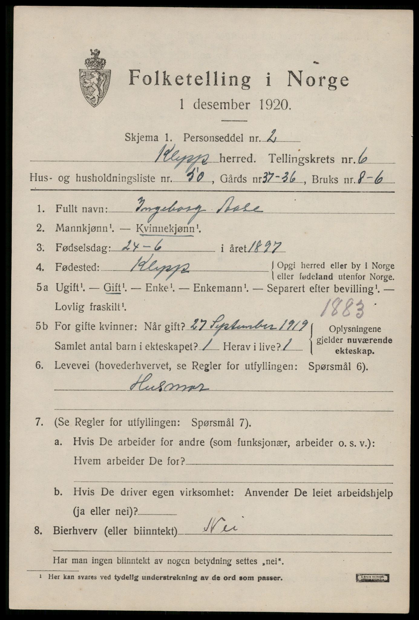 SAST, 1920 census for Klepp, 1920, p. 6570