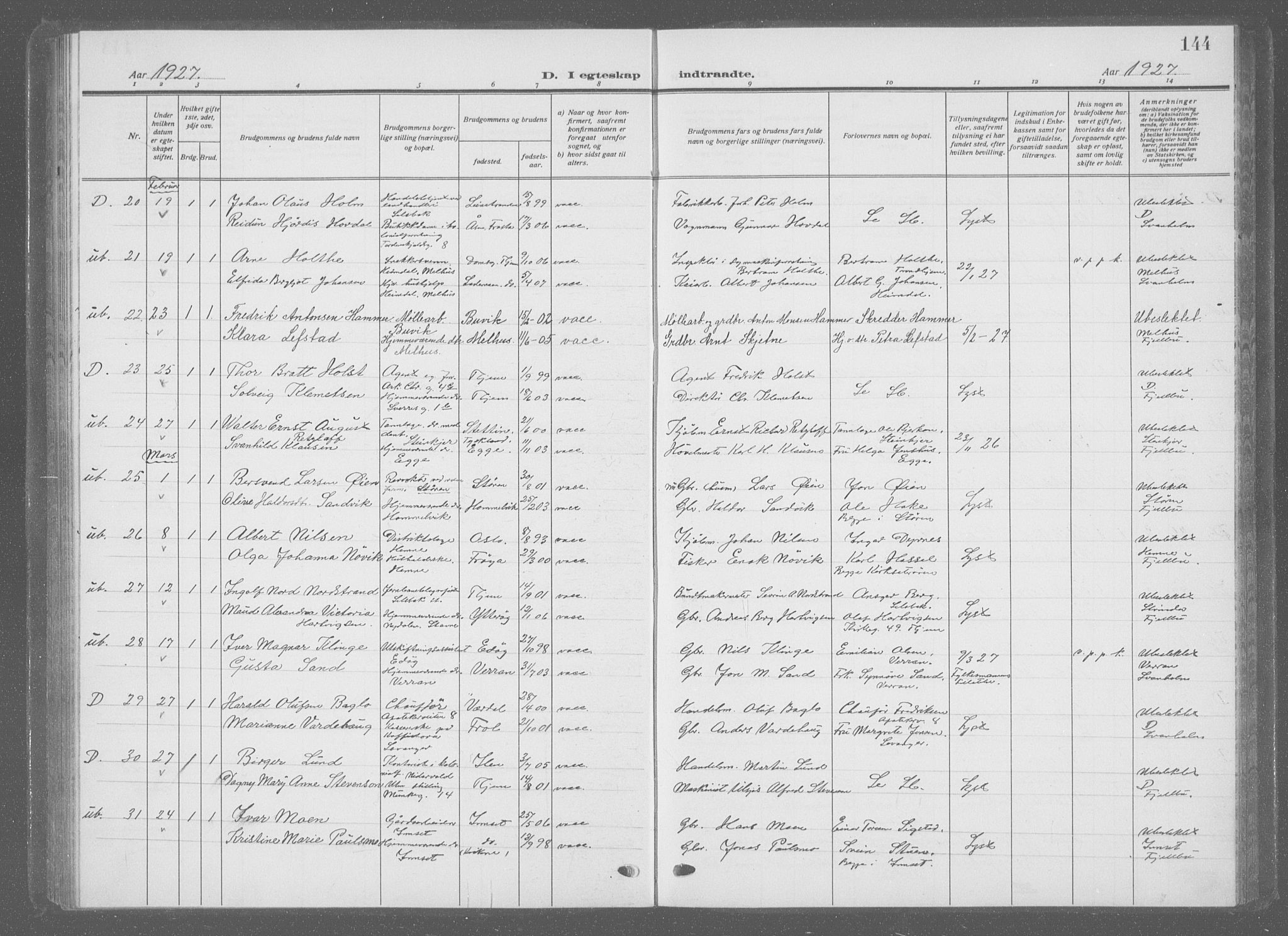 Ministerialprotokoller, klokkerbøker og fødselsregistre - Sør-Trøndelag, AV/SAT-A-1456/601/L0098: Parish register (copy) no. 601C16, 1921-1934, p. 144