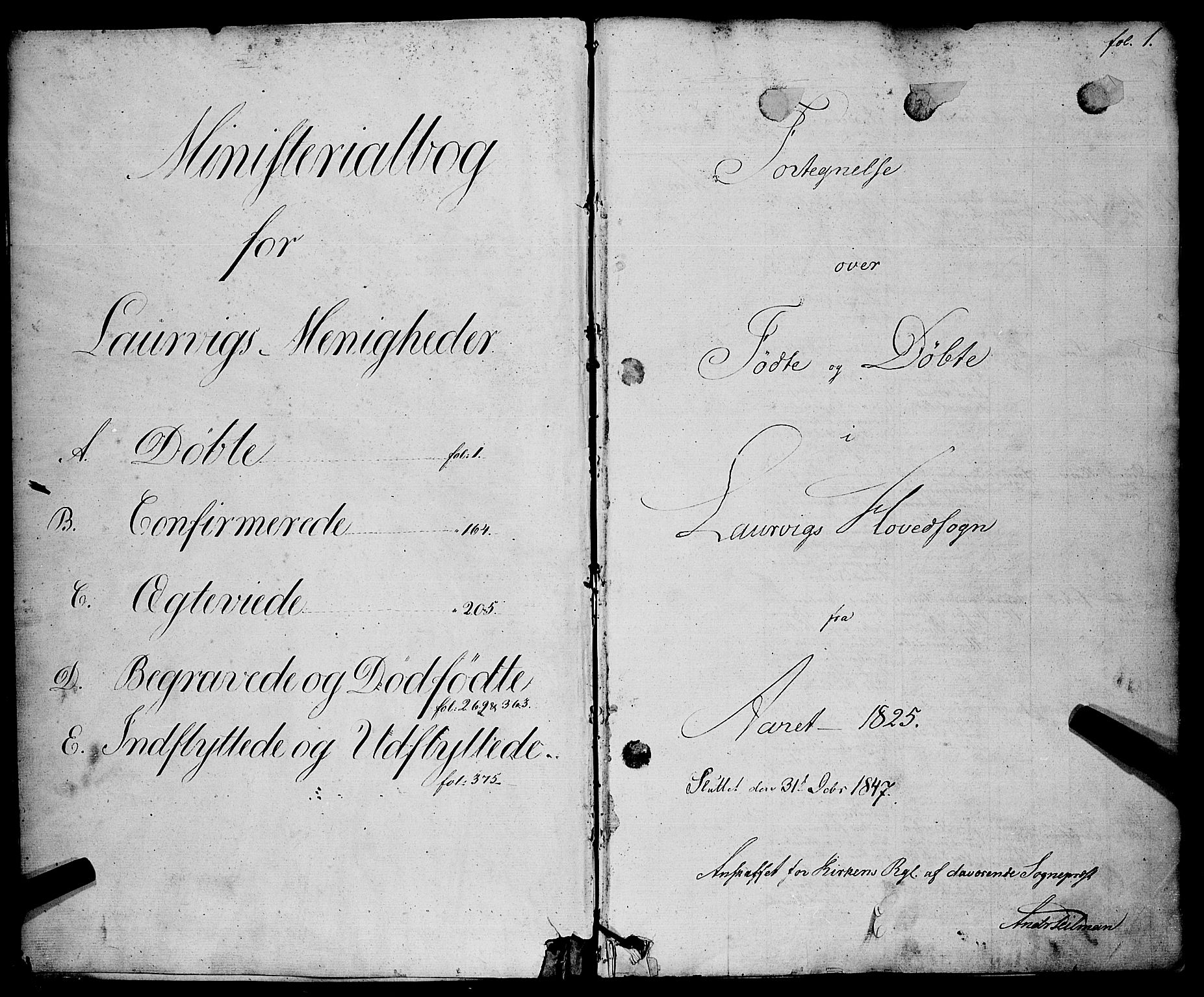 Larvik kirkebøker, SAKO/A-352/F/Fa/L0002: Parish register (official) no. I 2, 1825-1847, p. 1