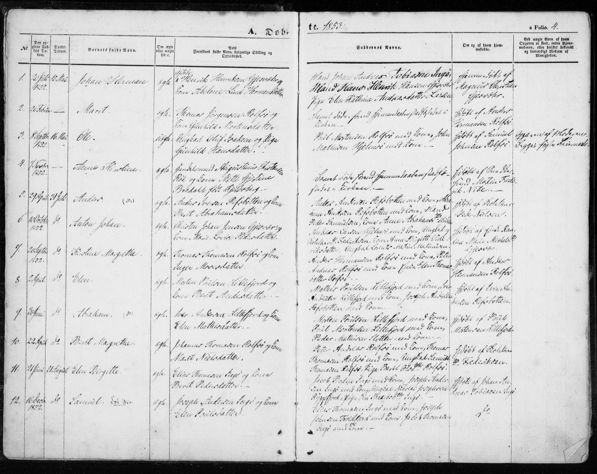 Måsøy sokneprestkontor, SATØ/S-1348/H/Ha/L0002kirke: Parish register (official) no. 2, 1852-1865, p. 4