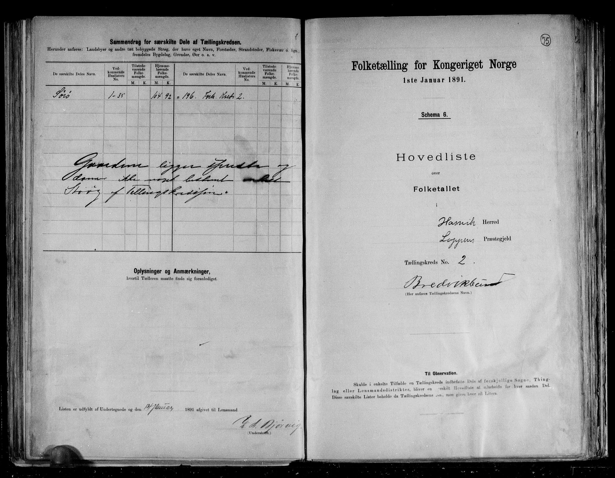 RA, 1891 census for 2015 Hasvik, 1891, p. 7