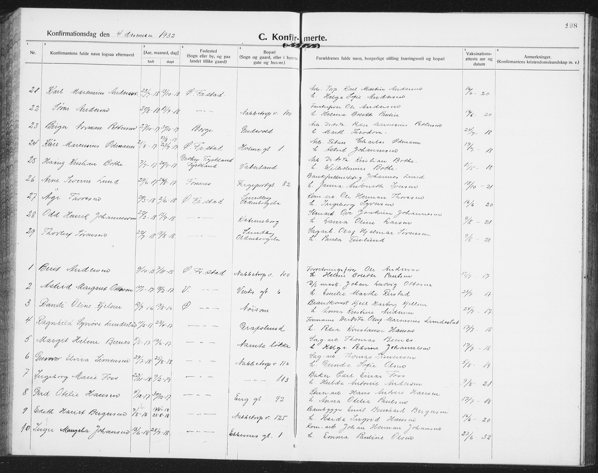 Østre Fredrikstad prestekontor Kirkebøker, SAO/A-10907/G/Ga/L0003: Parish register (copy) no. 3, 1920-1940, p. 198