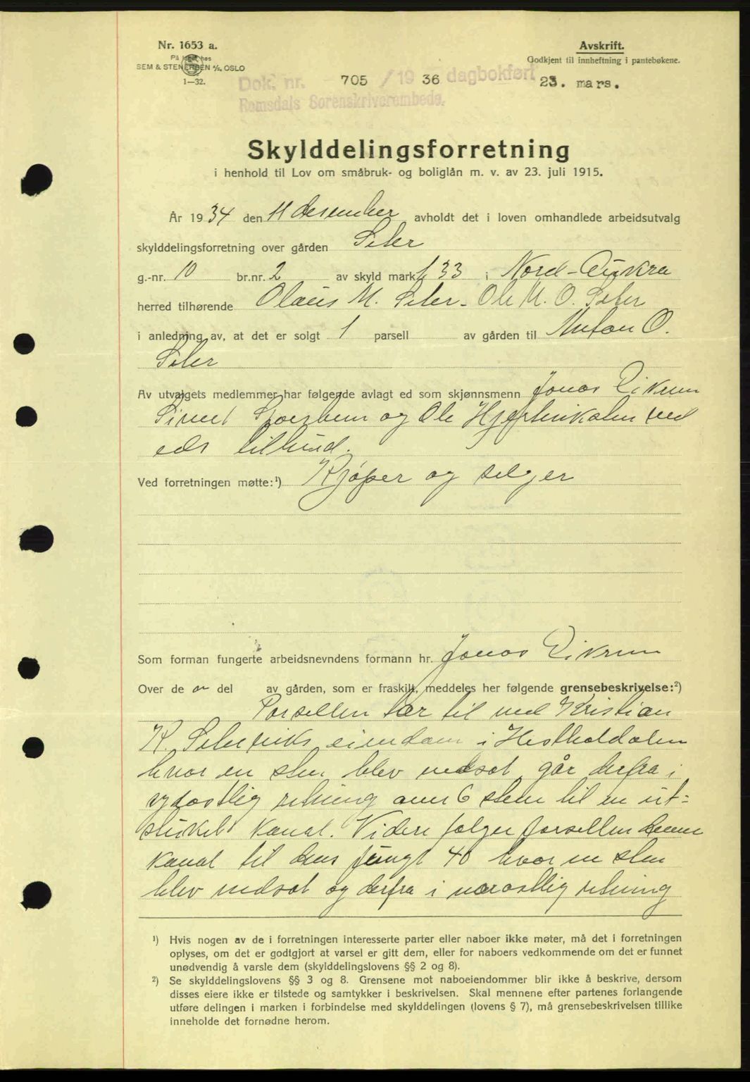 Romsdal sorenskriveri, AV/SAT-A-4149/1/2/2C: Mortgage book no. A1, 1936-1936, Diary no: : 705/1936