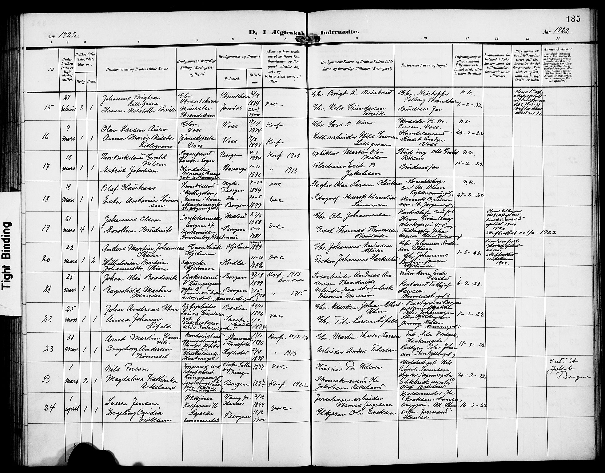 Domkirken sokneprestembete, AV/SAB-A-74801/H/Hab/L0033: Parish register (copy) no. D 5, 1907-1924, p. 185