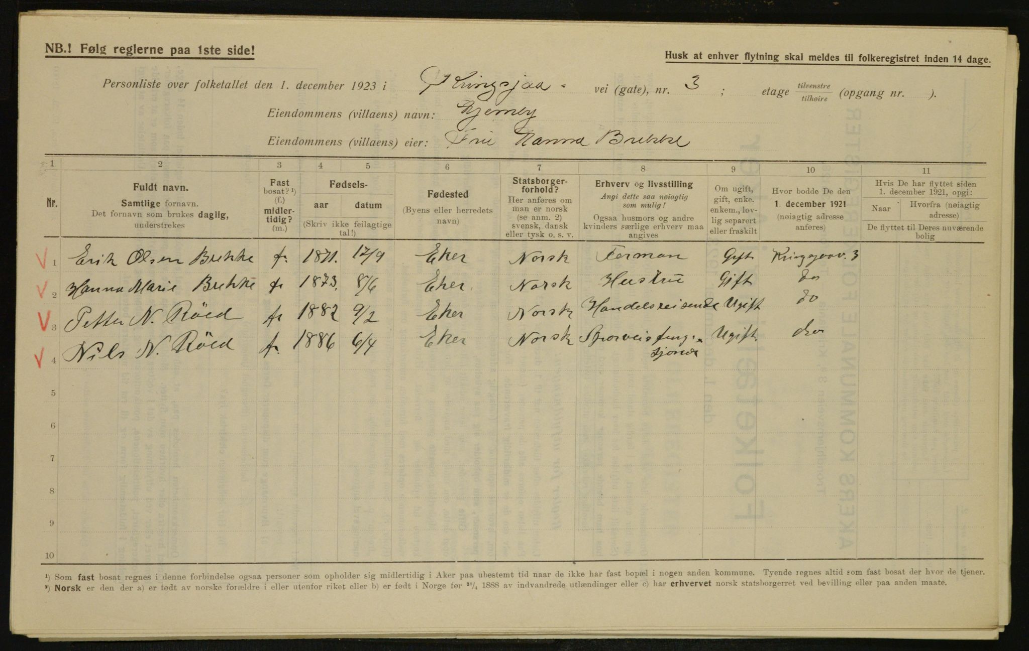 , Municipal Census 1923 for Aker, 1923, p. 28423