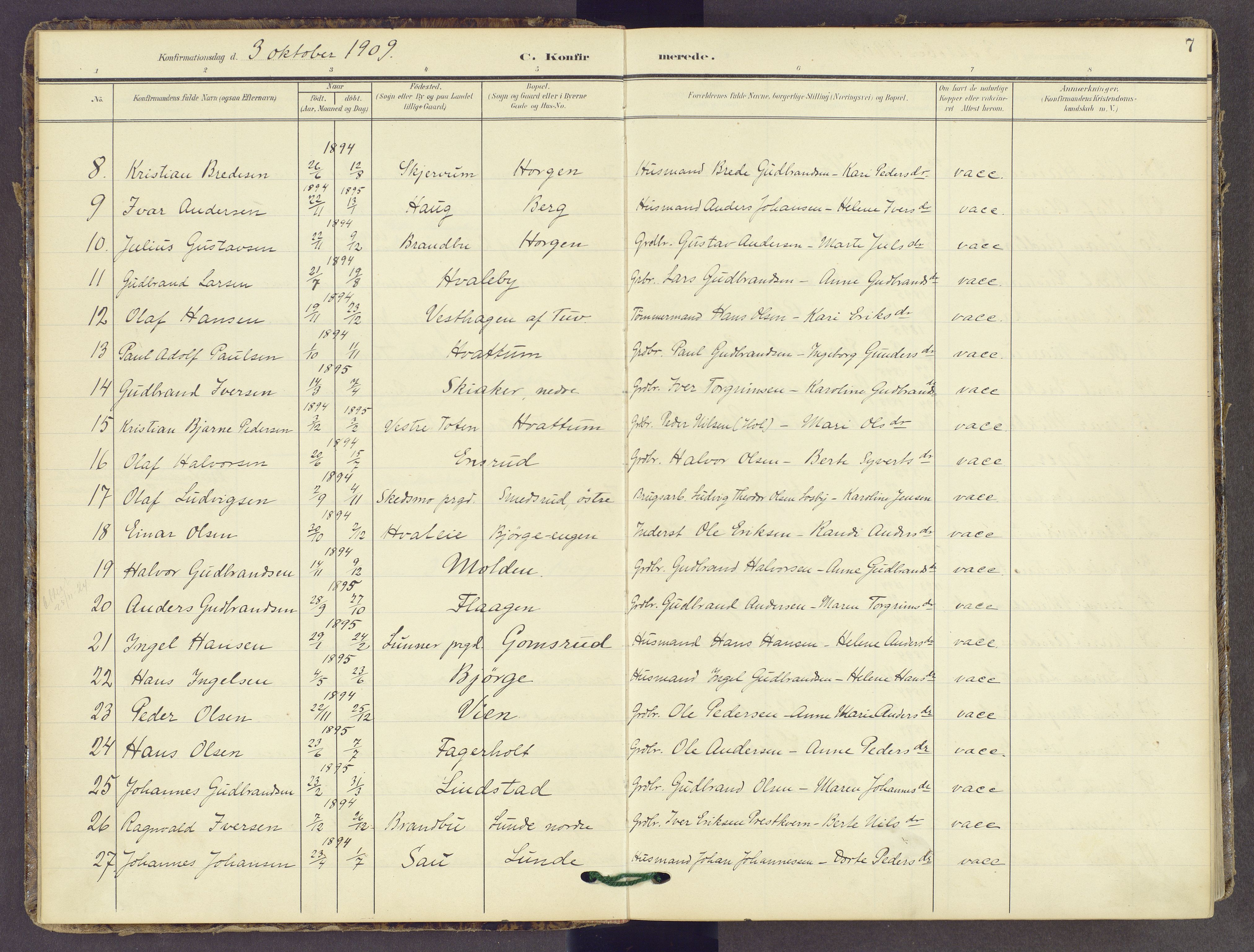 Gran prestekontor, SAH/PREST-112/H/Ha/Haa/L0022: Parish register (official) no. 22, 1908-1918, p. 7