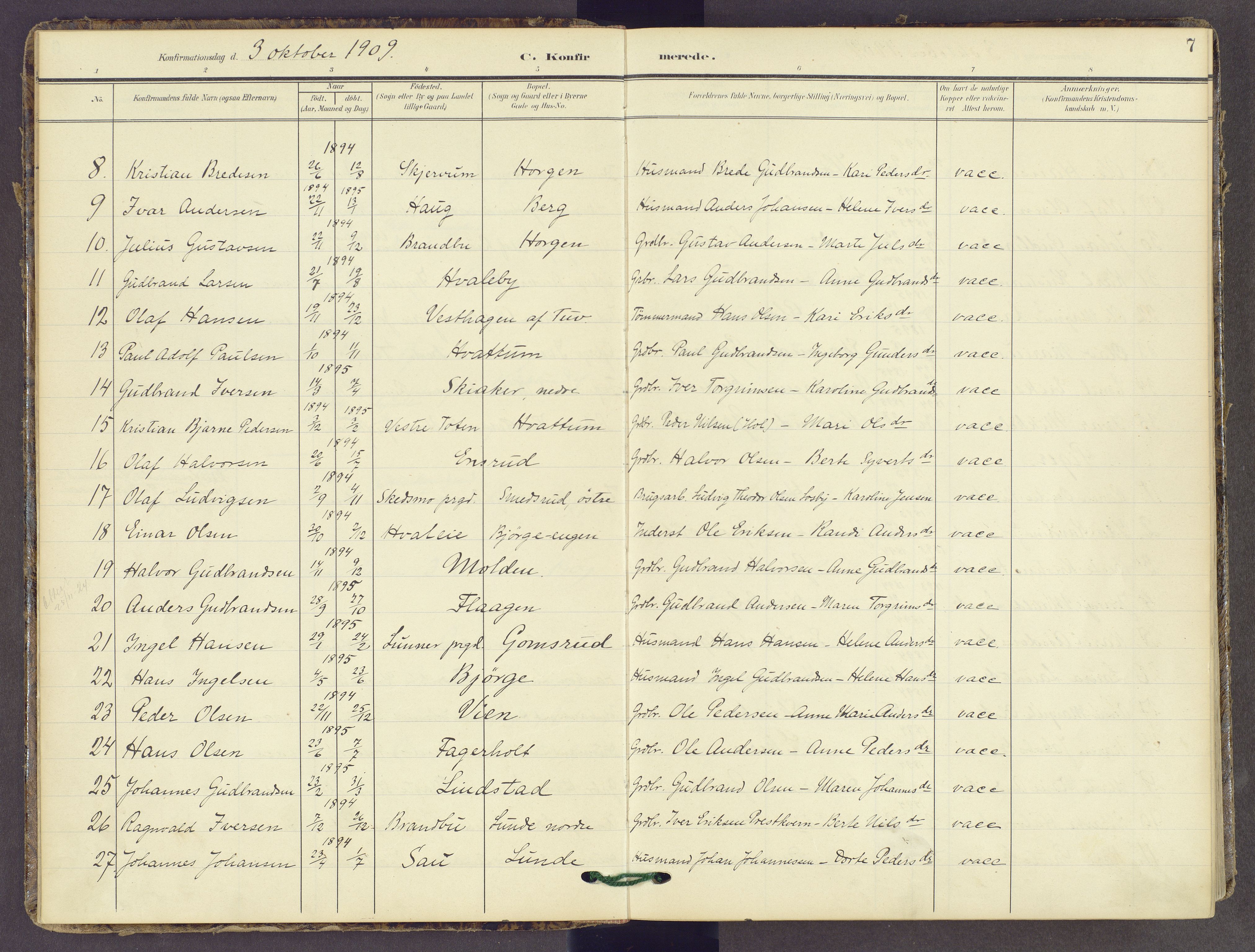 Gran prestekontor, AV/SAH-PREST-112/H/Ha/Haa/L0022: Parish register (official) no. 22, 1908-1918, p. 7