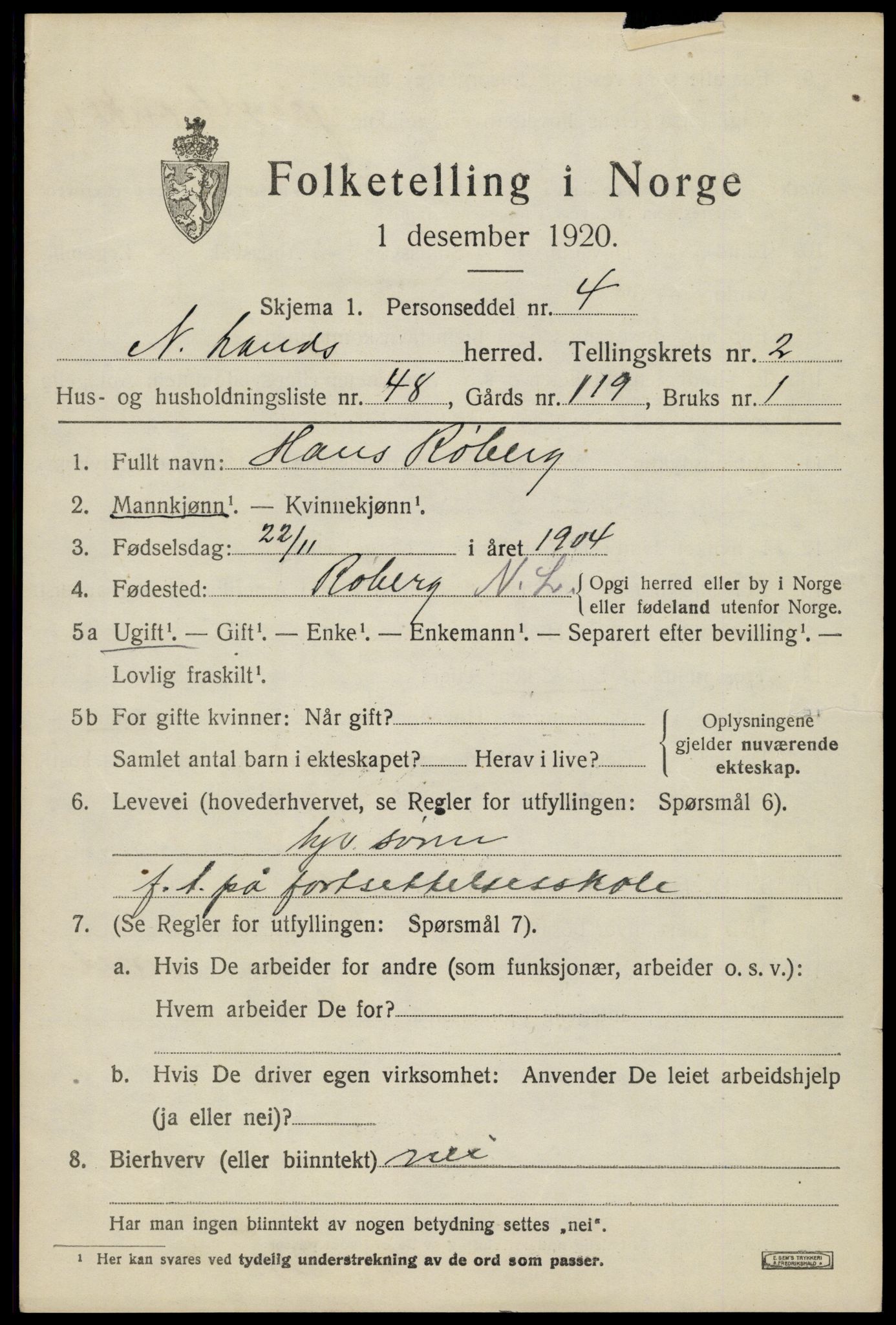 SAH, 1920 census for Nordre Land, 1920, p. 2084