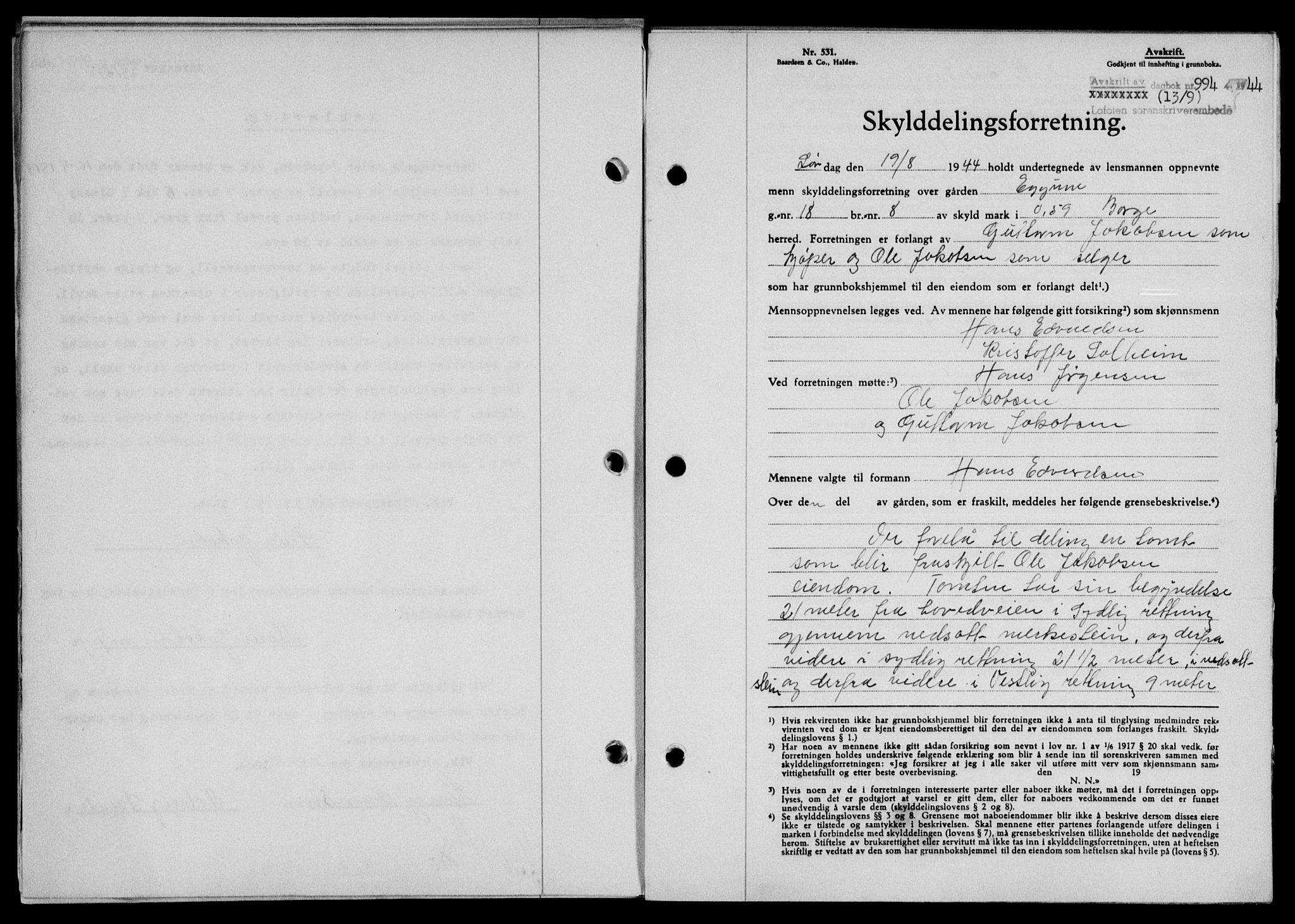 Lofoten sorenskriveri, SAT/A-0017/1/2/2C/L0012a: Mortgage book no. 12a, 1943-1944, Diary no: : 994/1944