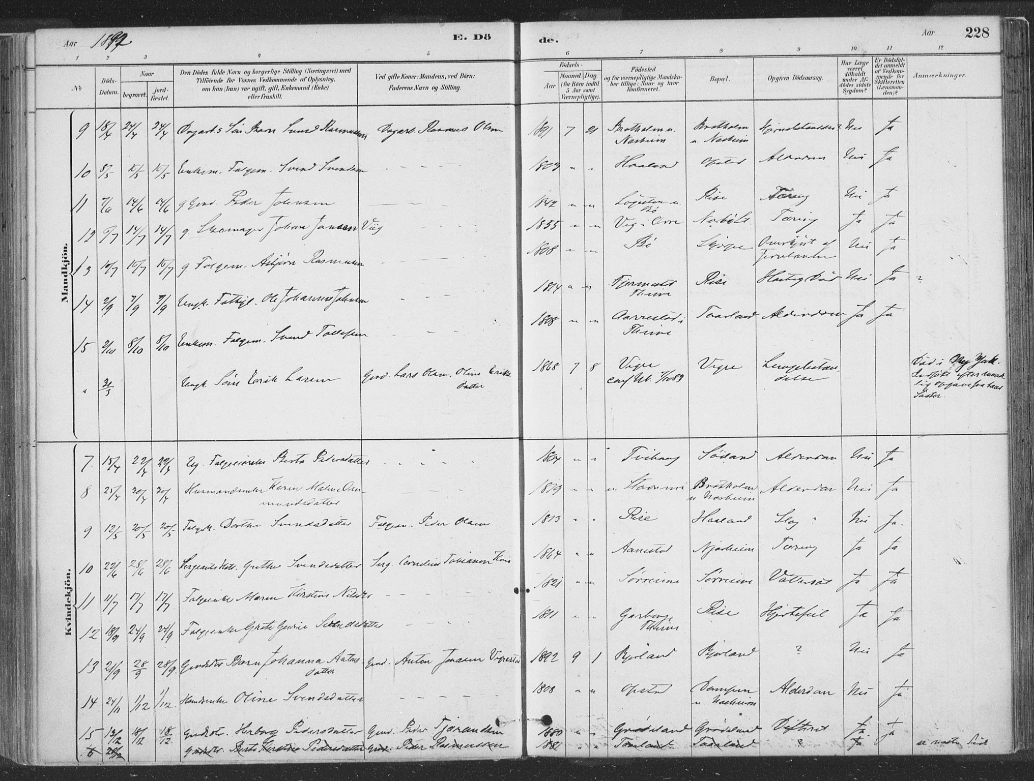 Hå sokneprestkontor, SAST/A-101801/001/30BA/L0010: Parish register (official) no. A 9, 1879-1896, p. 228