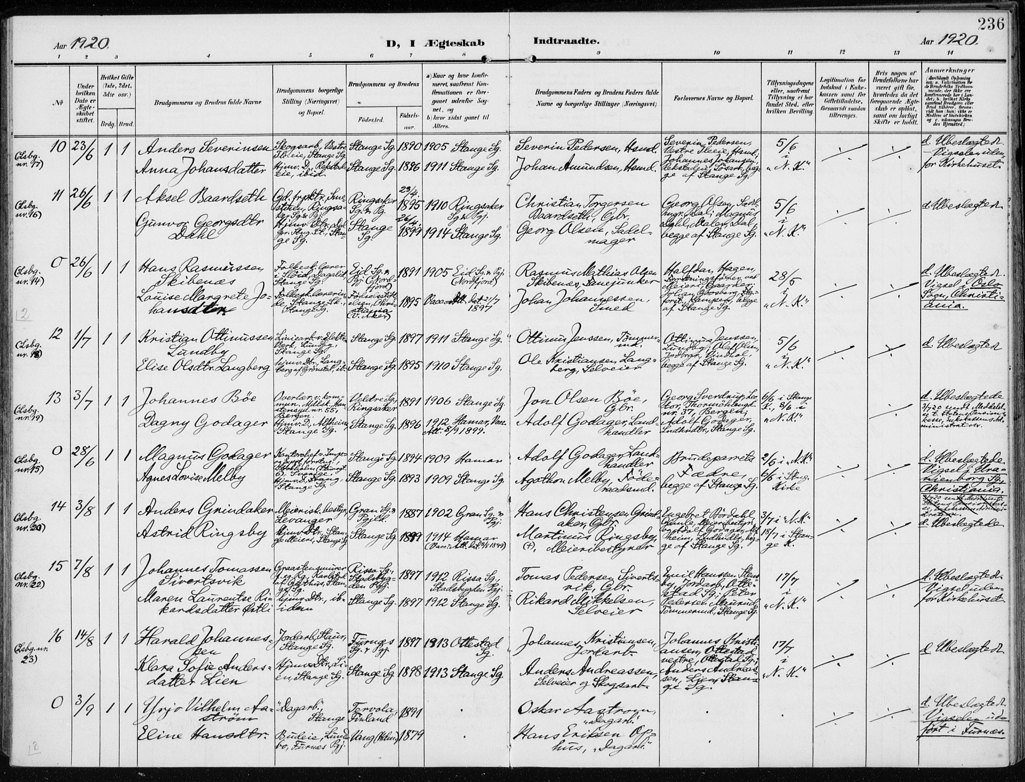 Stange prestekontor, SAH/PREST-002/K/L0024: Parish register (official) no. 24, 1906-1922, p. 236