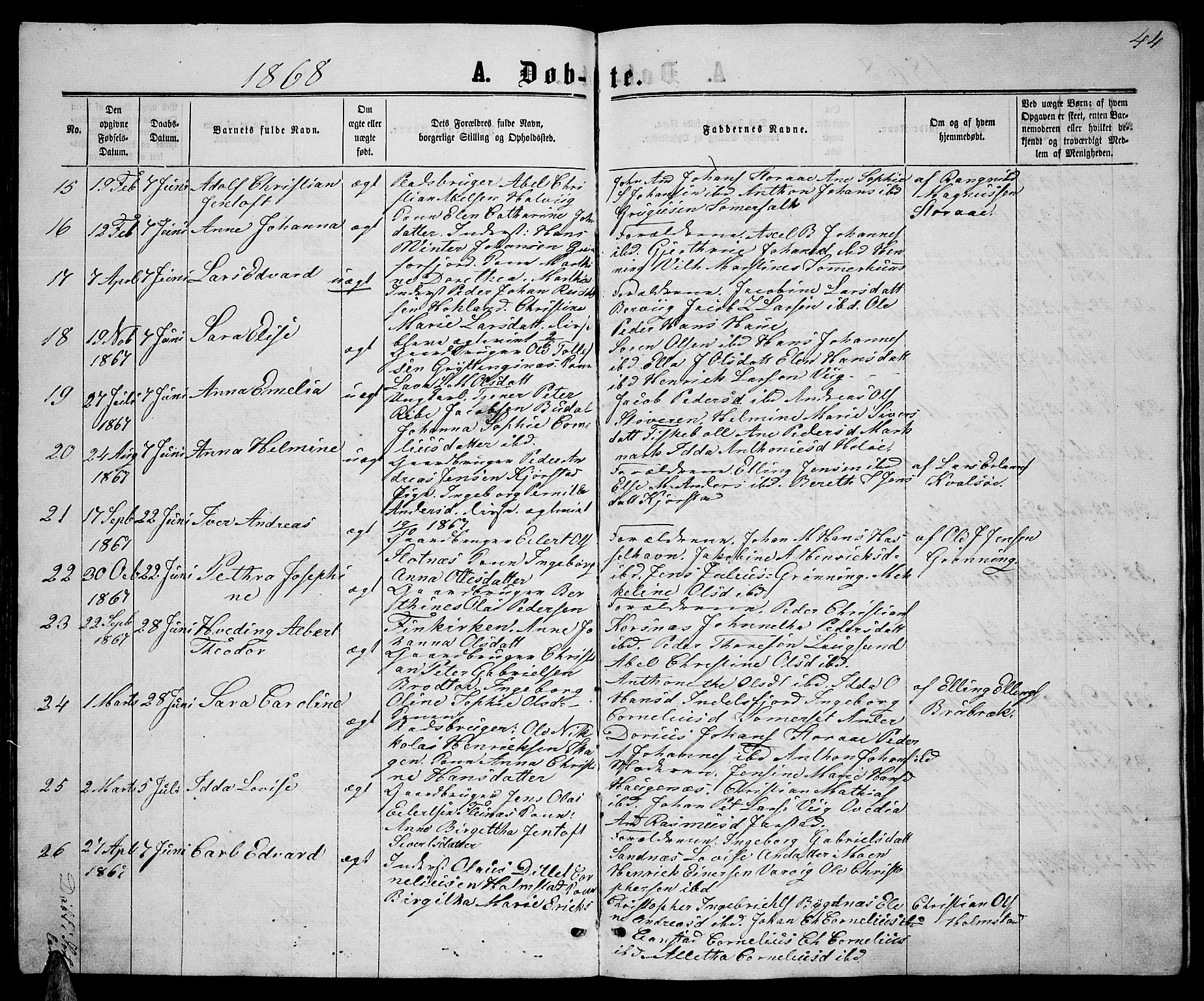 Ministerialprotokoller, klokkerbøker og fødselsregistre - Nordland, AV/SAT-A-1459/888/L1266: Parish register (copy) no. 888C04, 1864-1877, p. 44