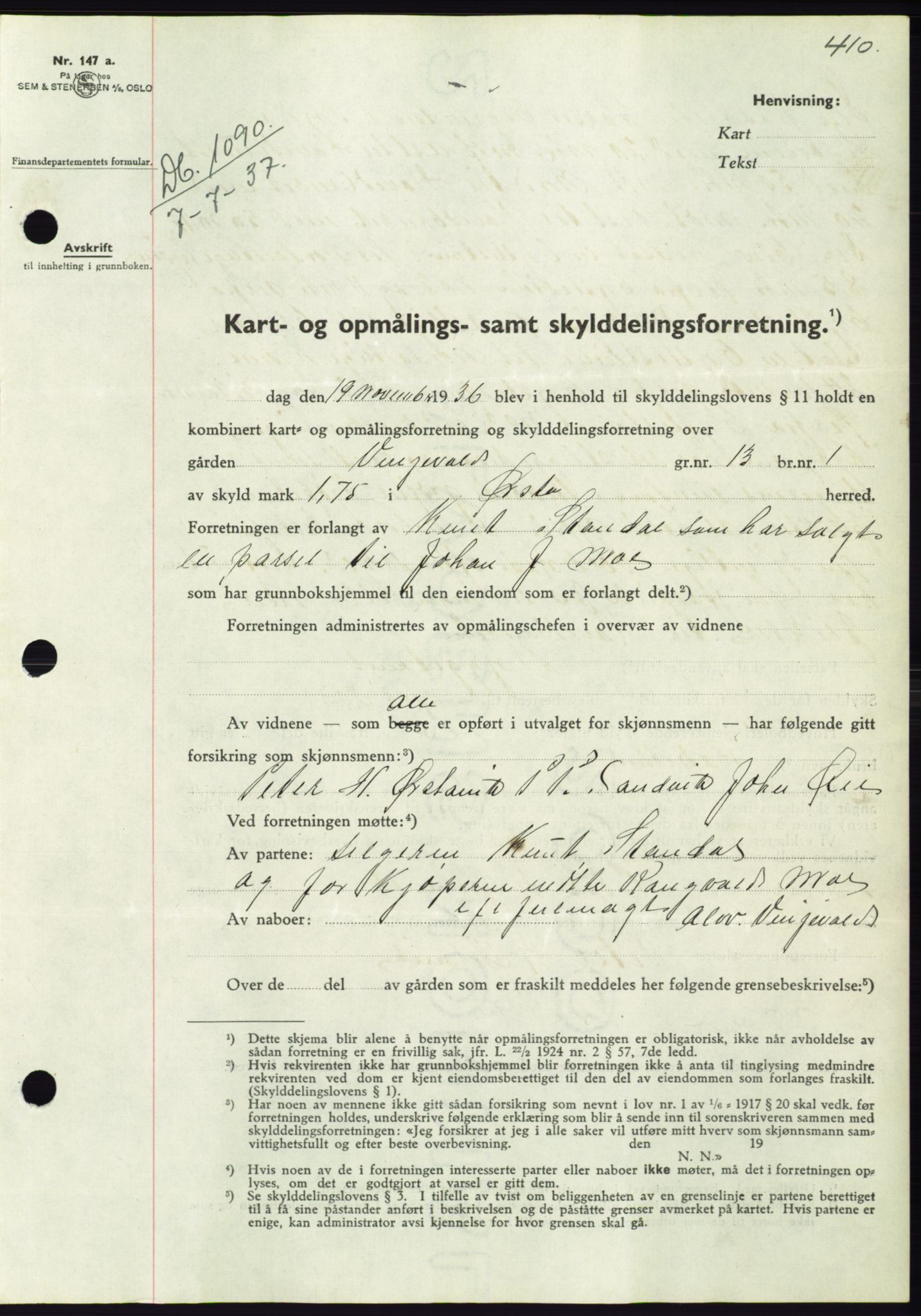 Søre Sunnmøre sorenskriveri, AV/SAT-A-4122/1/2/2C/L0063: Mortgage book no. 57, 1937-1937, Diary no: : 1090/1937