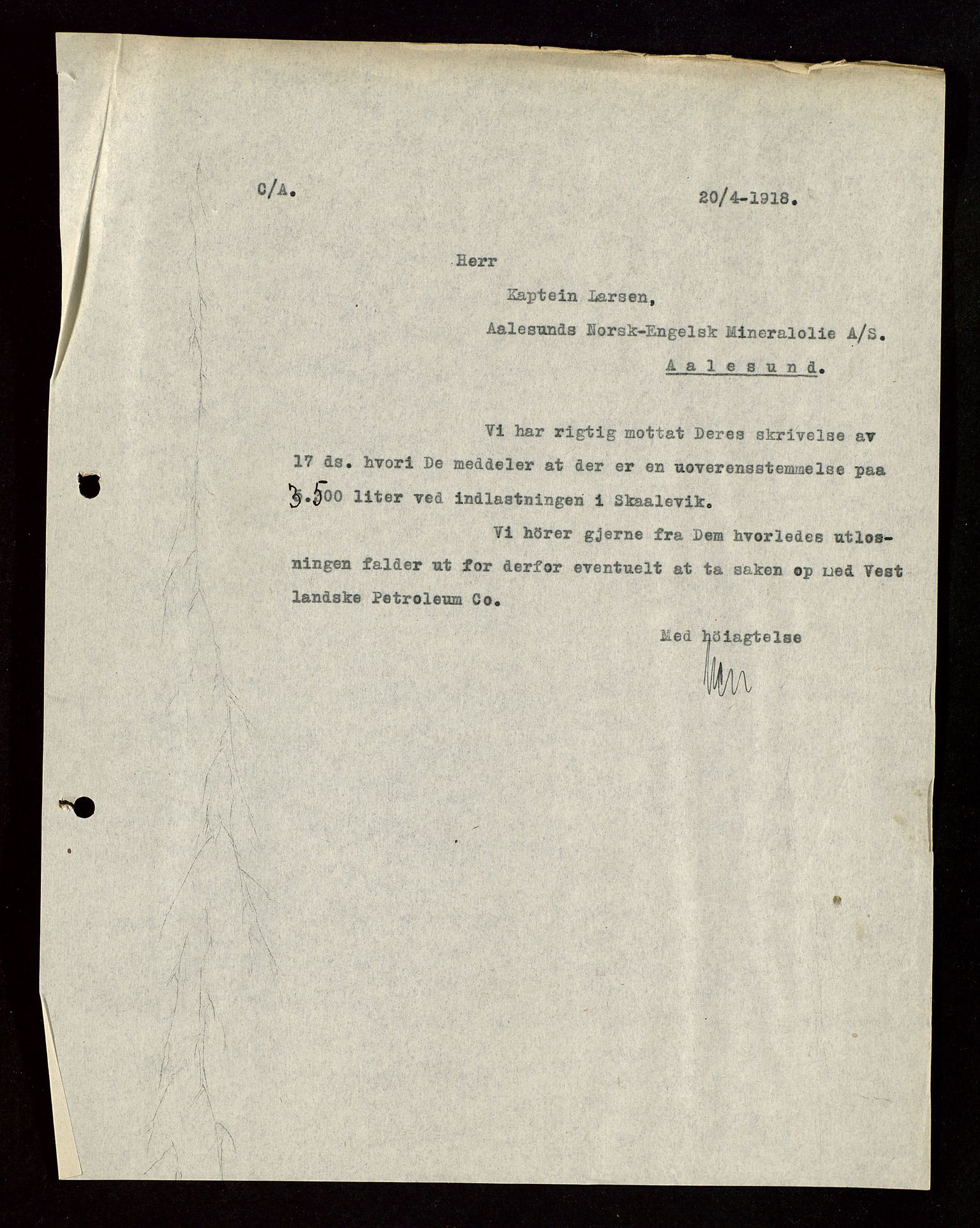 Pa 1521 - A/S Norske Shell, AV/SAST-A-101915/E/Ea/Eaa/L0003: Sjefskorrespondanse, 1918, p. 137