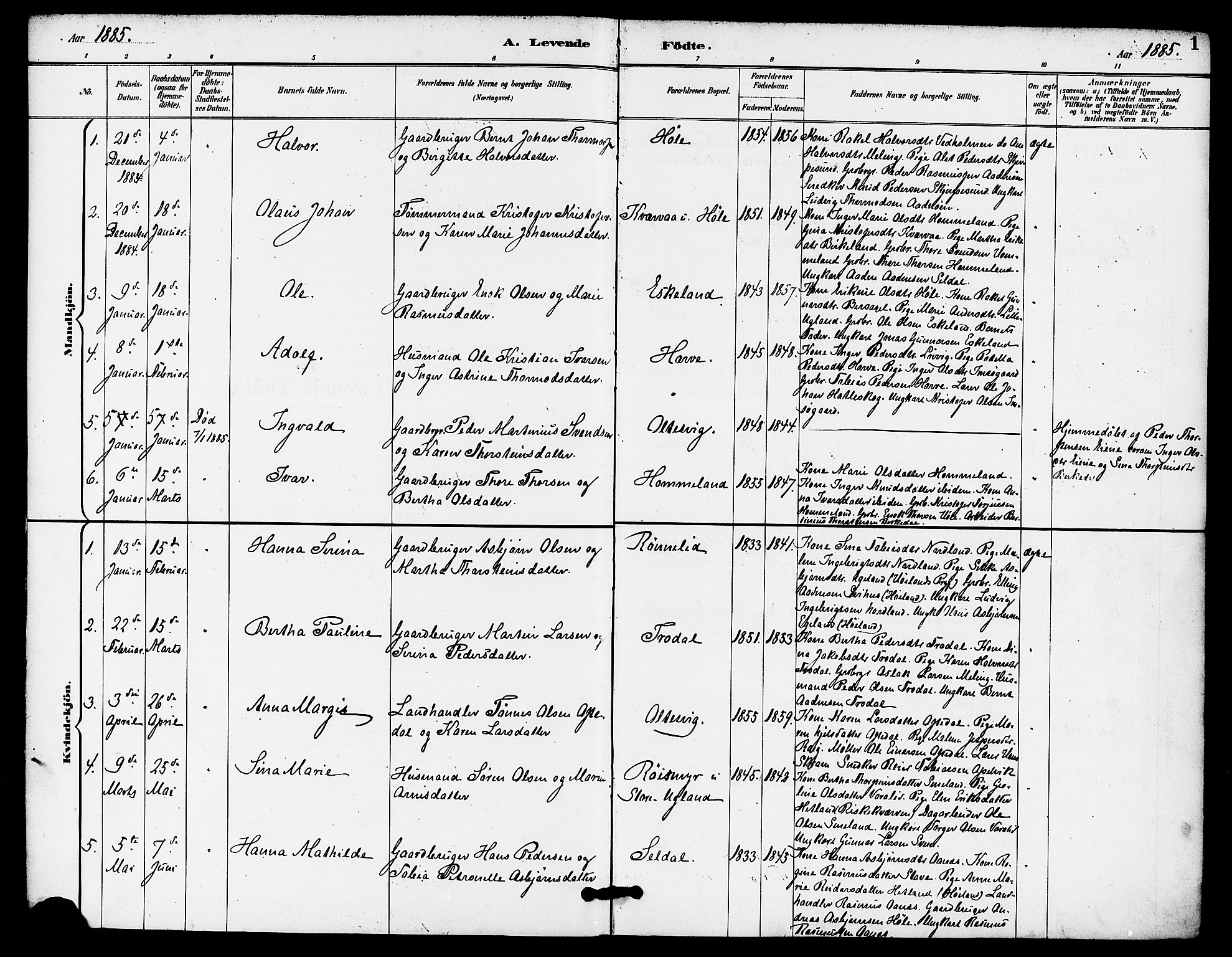 Høgsfjord sokneprestkontor, SAST/A-101624/H/Ha/Haa/L0005: Parish register (official) no. A 5, 1885-1897, p. 1
