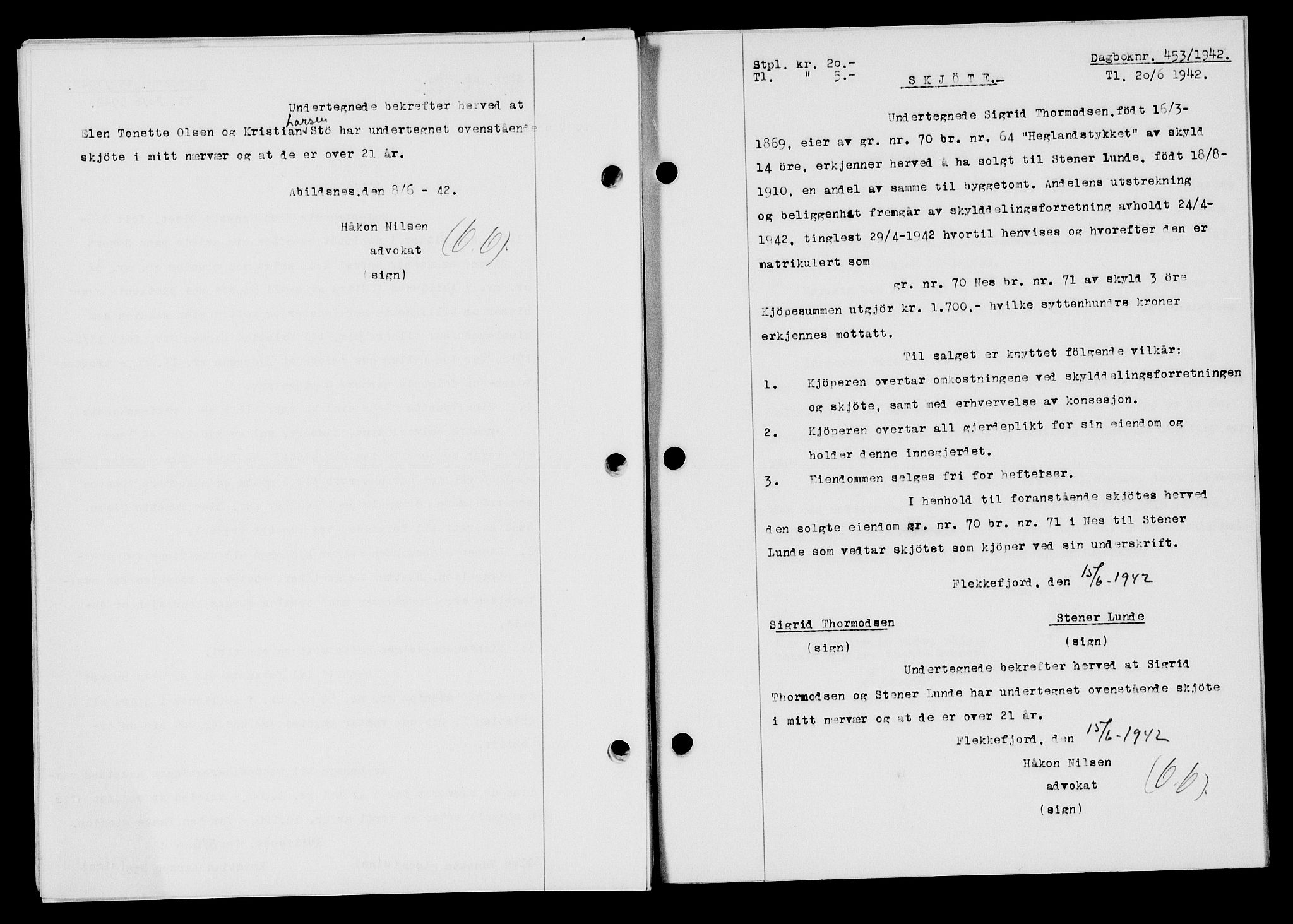 Flekkefjord sorenskriveri, SAK/1221-0001/G/Gb/Gba/L0057: Mortgage book no. A-5, 1941-1942, Diary no: : 453/1942