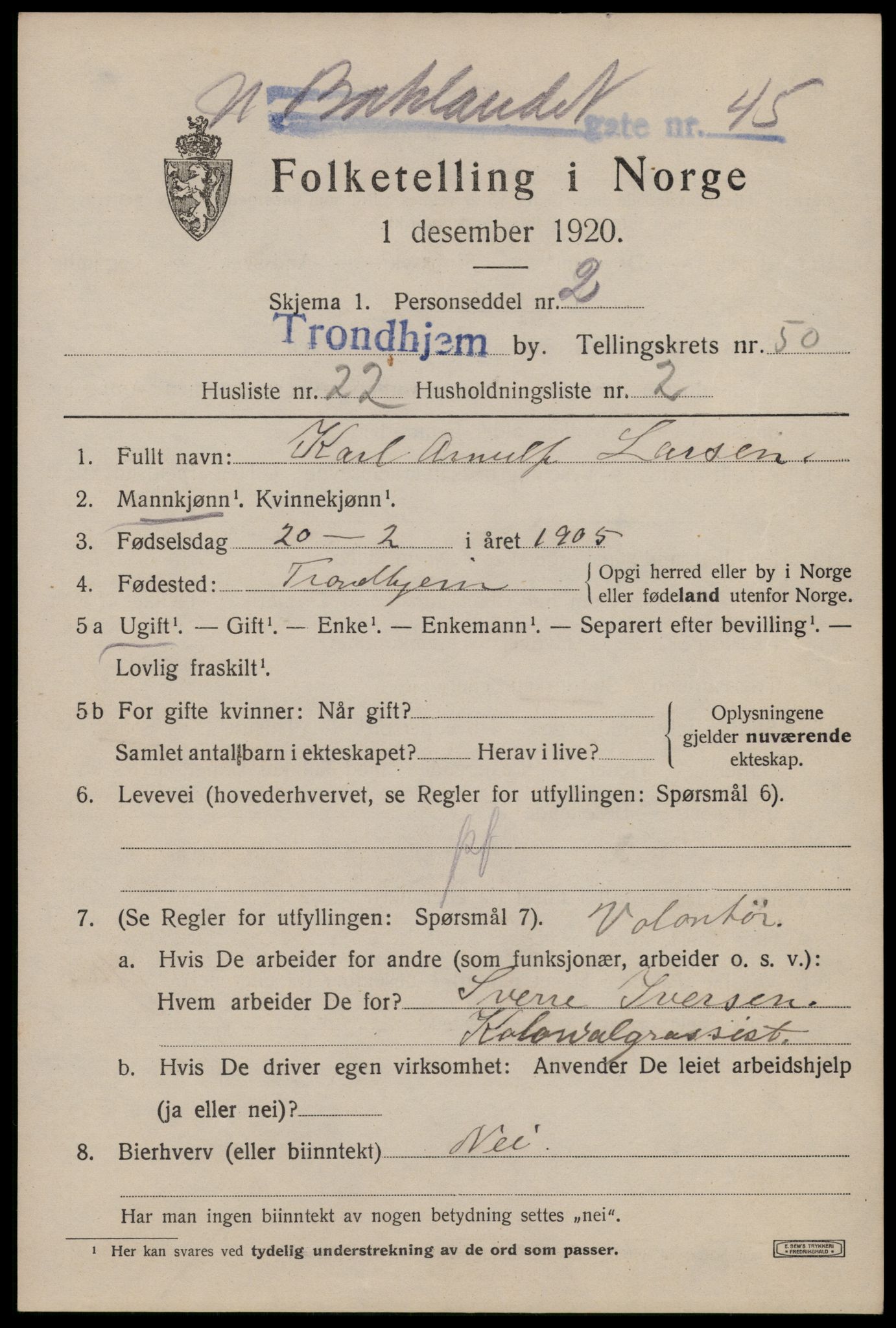 SAT, 1920 census for Trondheim, 1920, p. 101868