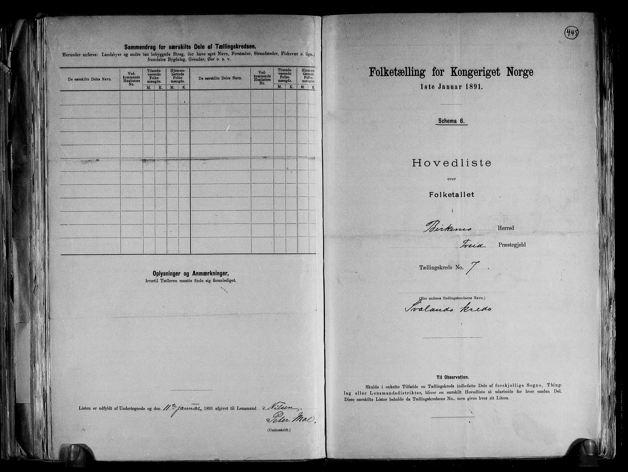 RA, 1891 Census for 0928 Birkenes, 1891, p. 17