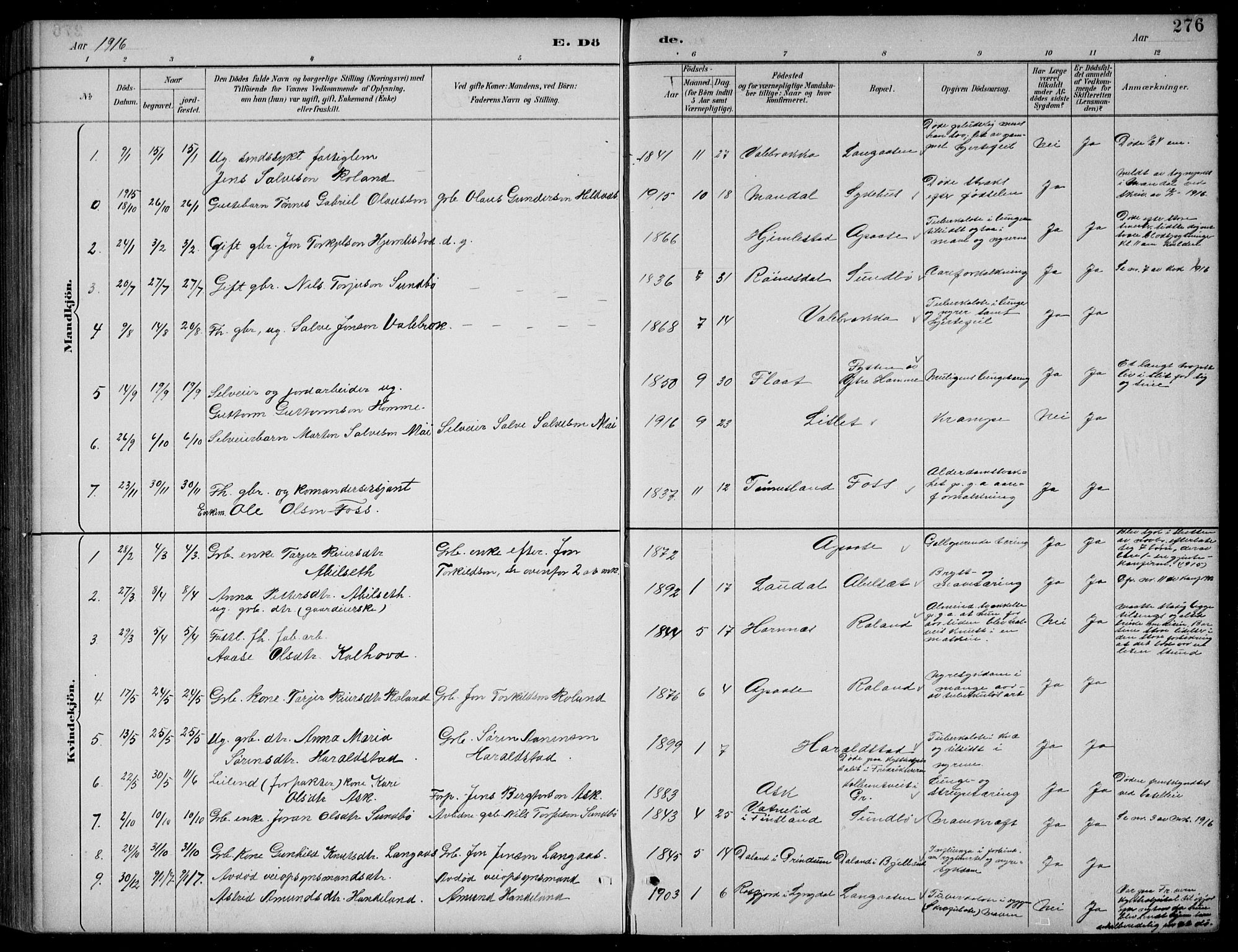 Bjelland sokneprestkontor, AV/SAK-1111-0005/F/Fb/Fba/L0005: Parish register (copy) no. B 5, 1887-1923, p. 276