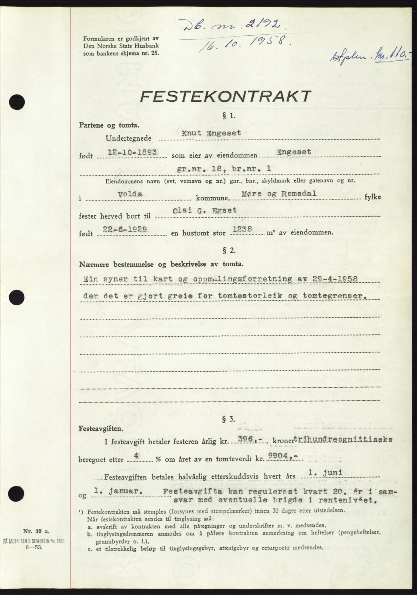 Søre Sunnmøre sorenskriveri, AV/SAT-A-4122/1/2/2C/L0110: Mortgage book no. 36A, 1958-1958, Diary no: : 2192/1958