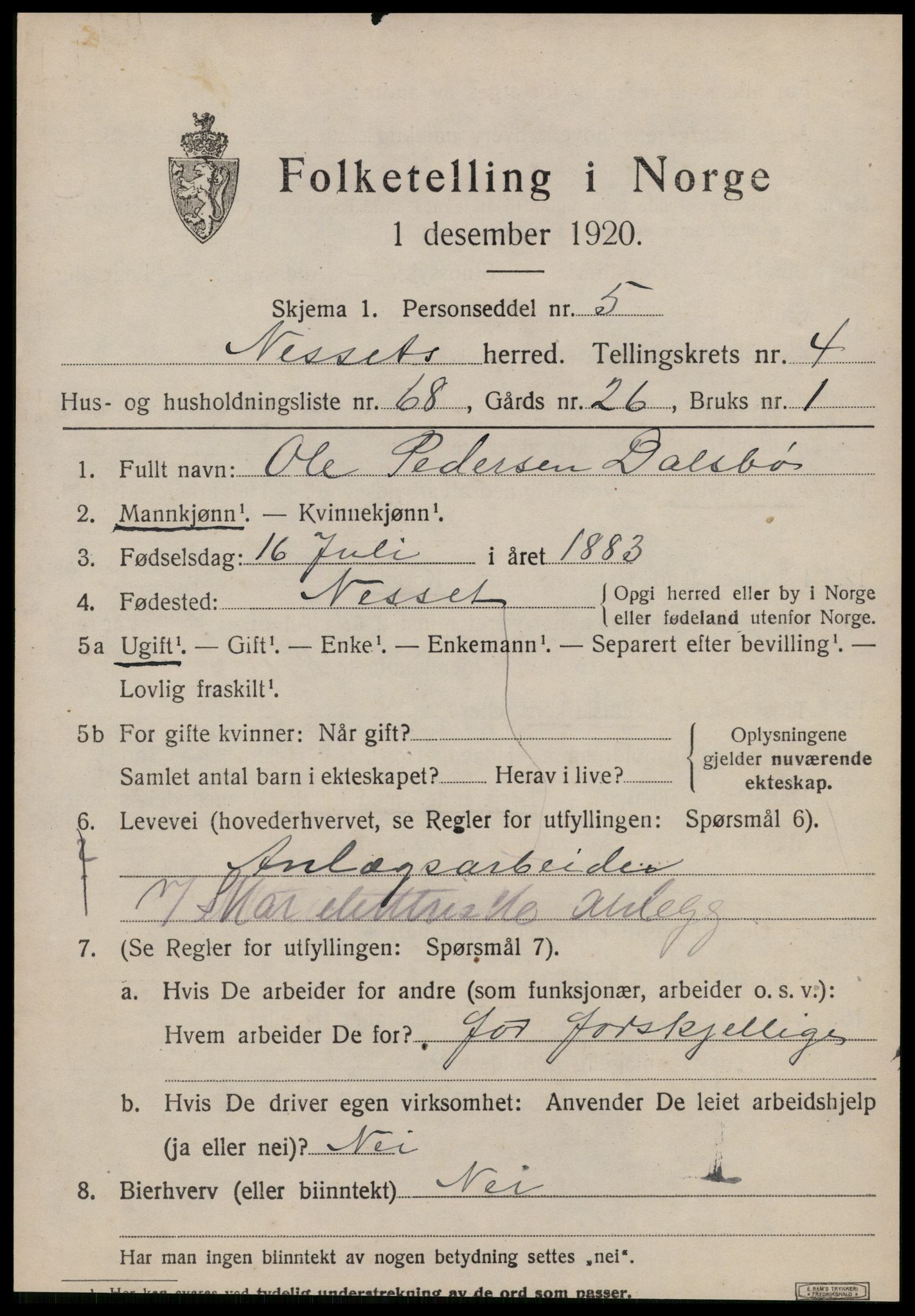 SAT, 1920 census for Nesset, 1920, p. 2194