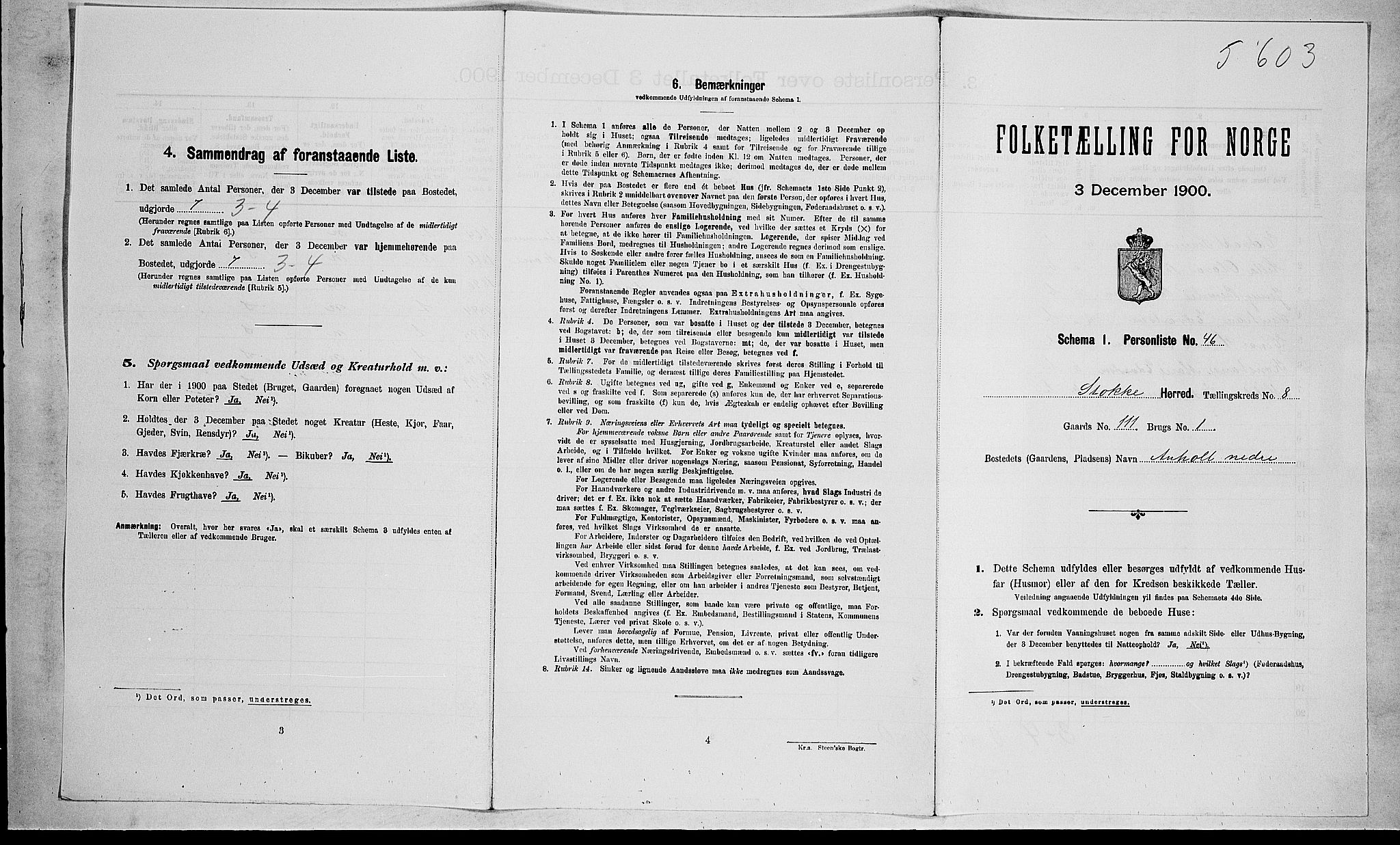 RA, 1900 census for Stokke, 1900, p. 1488