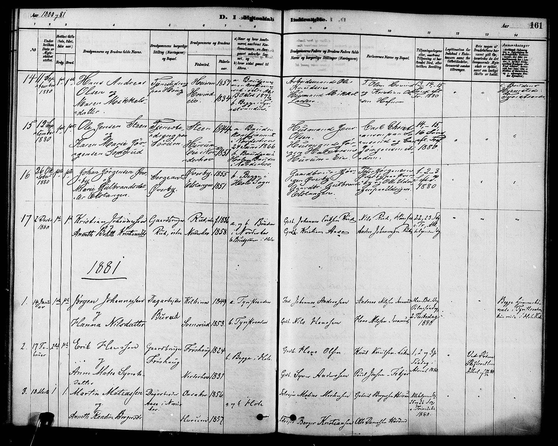 Hole kirkebøker, SAKO/A-228/F/Fa/L0008: Parish register (official) no. I 8, 1878-1891, p. 161