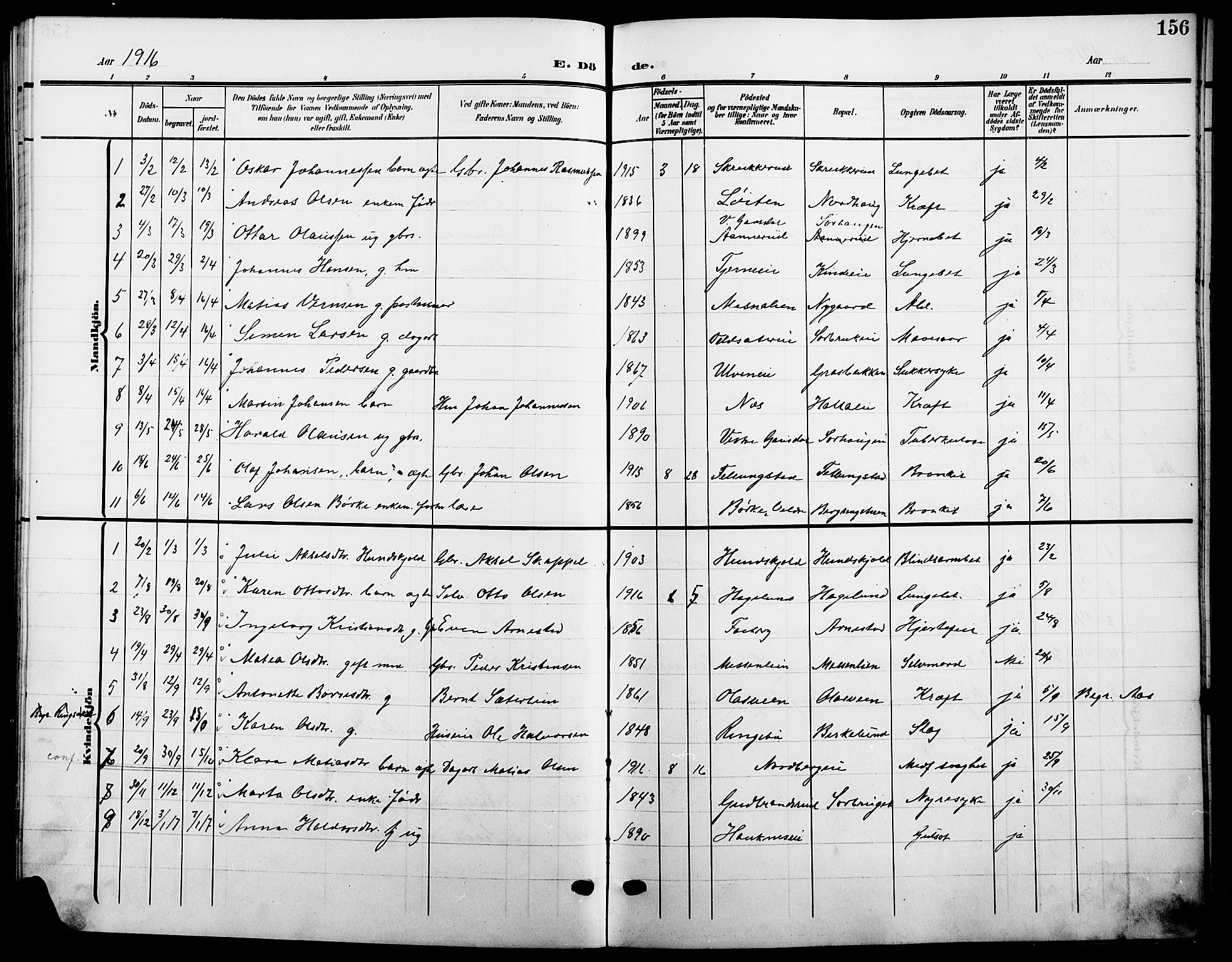 Ringsaker prestekontor, SAH/PREST-014/L/La/L0016: Parish register (copy) no. 16, 1905-1920, p. 156