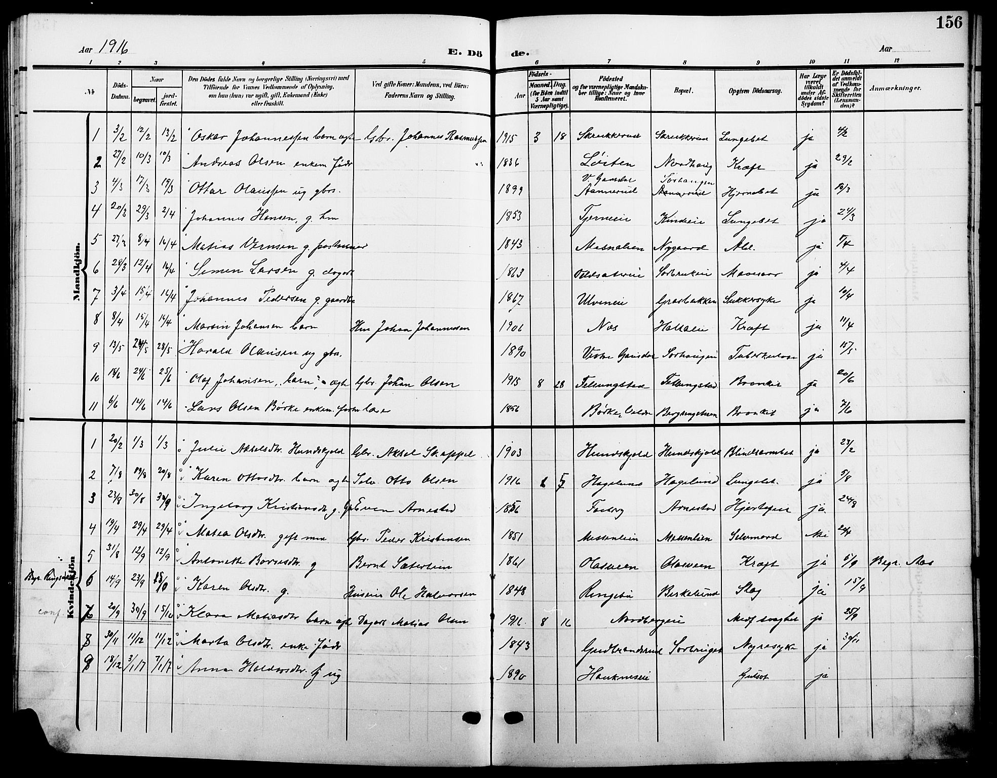 Ringsaker prestekontor, AV/SAH-PREST-014/L/La/L0016: Parish register (copy) no. 16, 1905-1920, p. 156