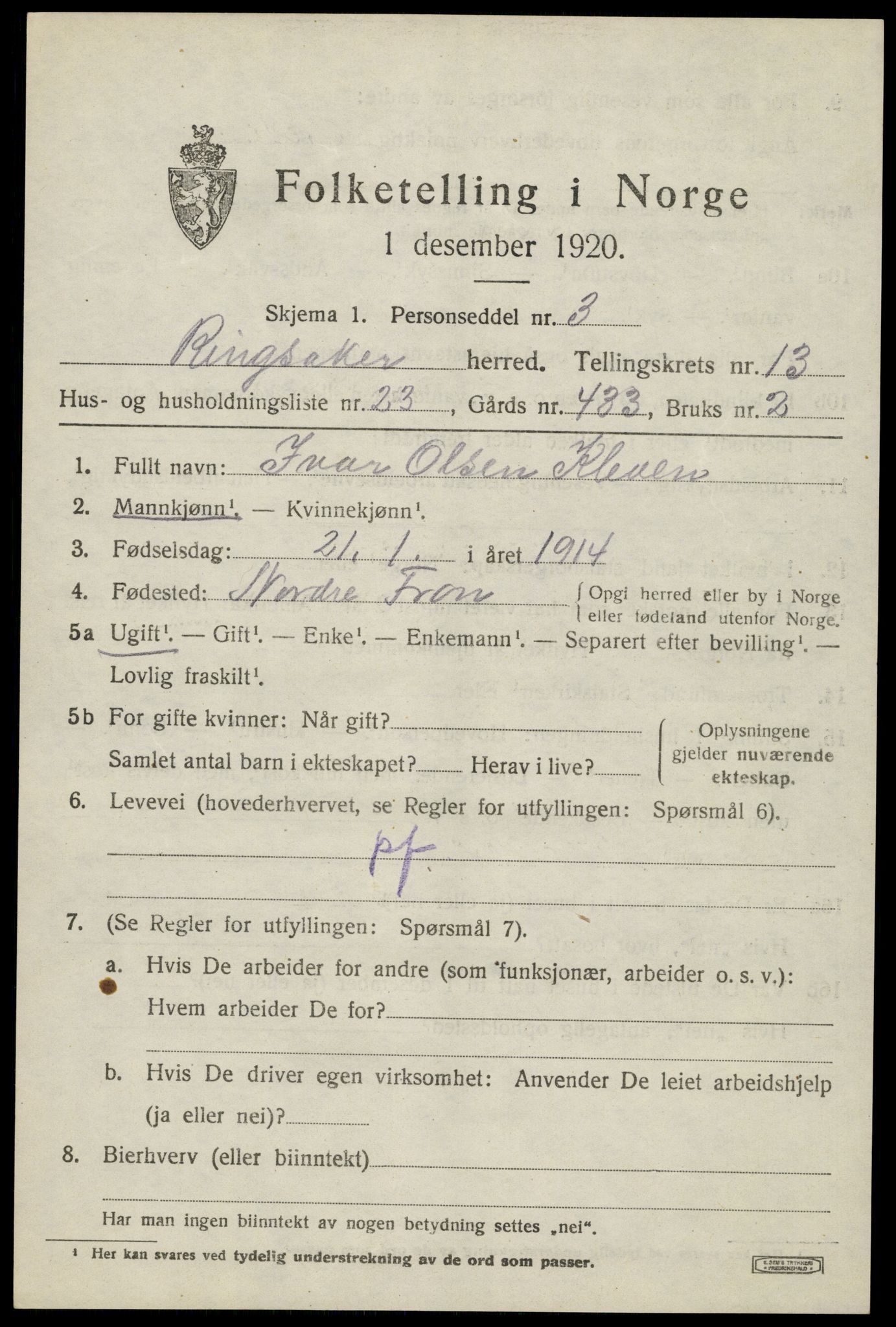 SAH, 1920 census for Ringsaker, 1920, p. 20940