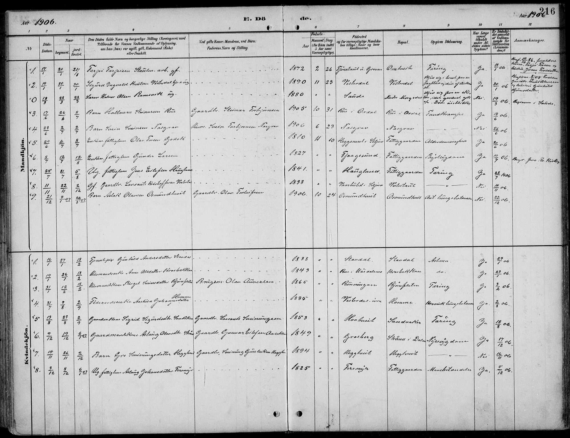 Kviteseid kirkebøker, SAKO/A-276/F/Fb/L0002: Parish register (official) no. II 2, 1882-1916, p. 216