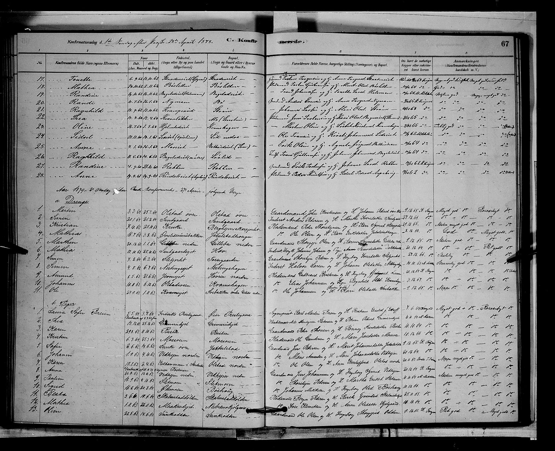 Øyer prestekontor, SAH/PREST-084/H/Ha/Hab/L0002: Parish register (copy) no. 2, 1878-1896, p. 67