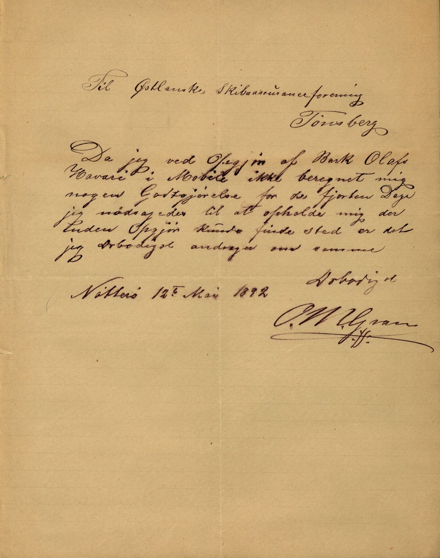 Pa 63 - Østlandske skibsassuranceforening, VEMU/A-1079/G/Ga/L0028/0005: Havaridokumenter / Tjømø, Magnolia, Caroline, Olaf, Stjernen, 1892, p. 129