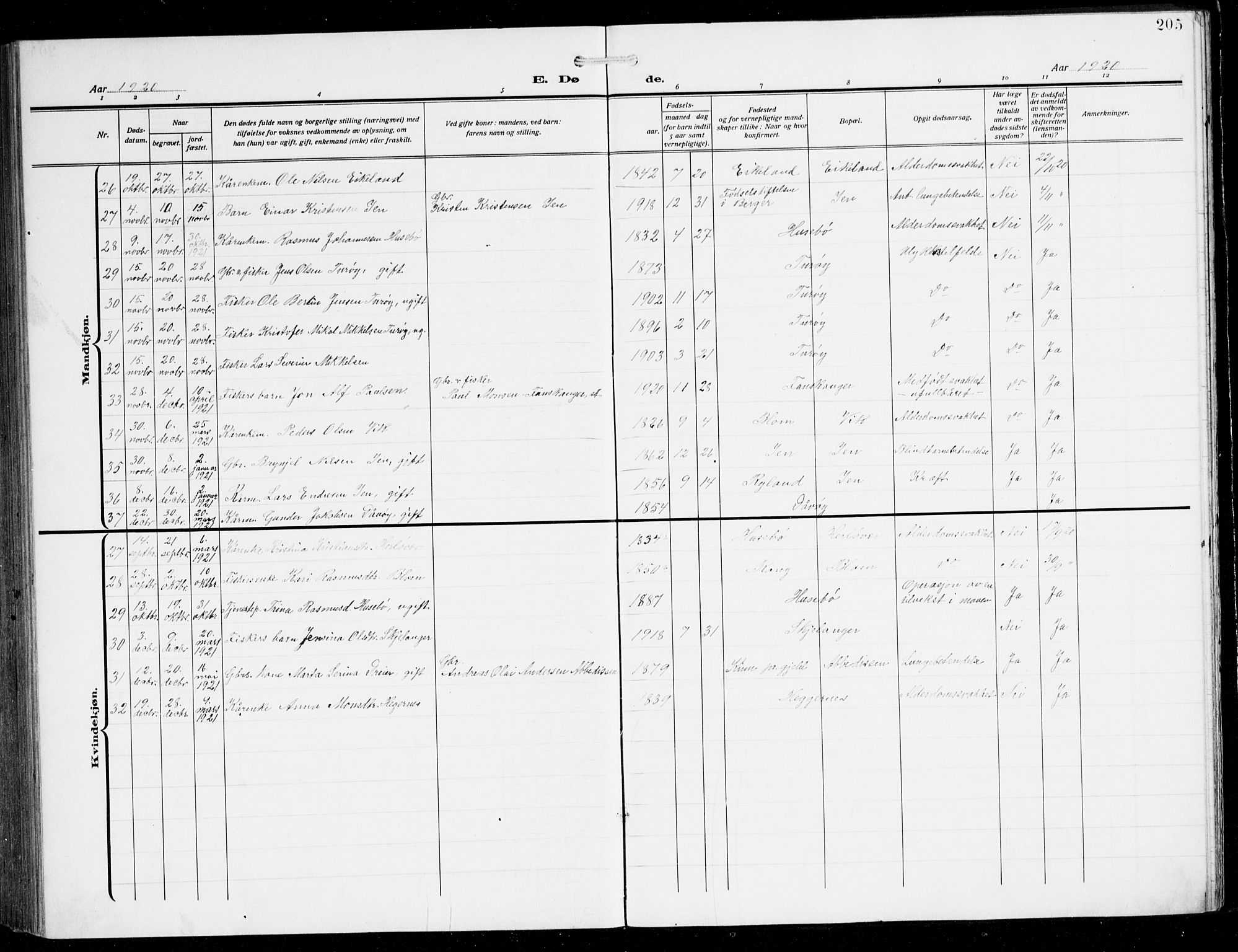 Herdla Sokneprestembete, AV/SAB-A-75701/H/Hab: Parish register (copy) no. C 2, 1913-1926, p. 205