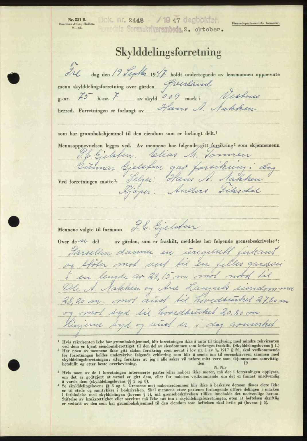 Romsdal sorenskriveri, SAT/A-4149/1/2/2C: Mortgage book no. A24, 1947-1947, Diary no: : 2446/1947