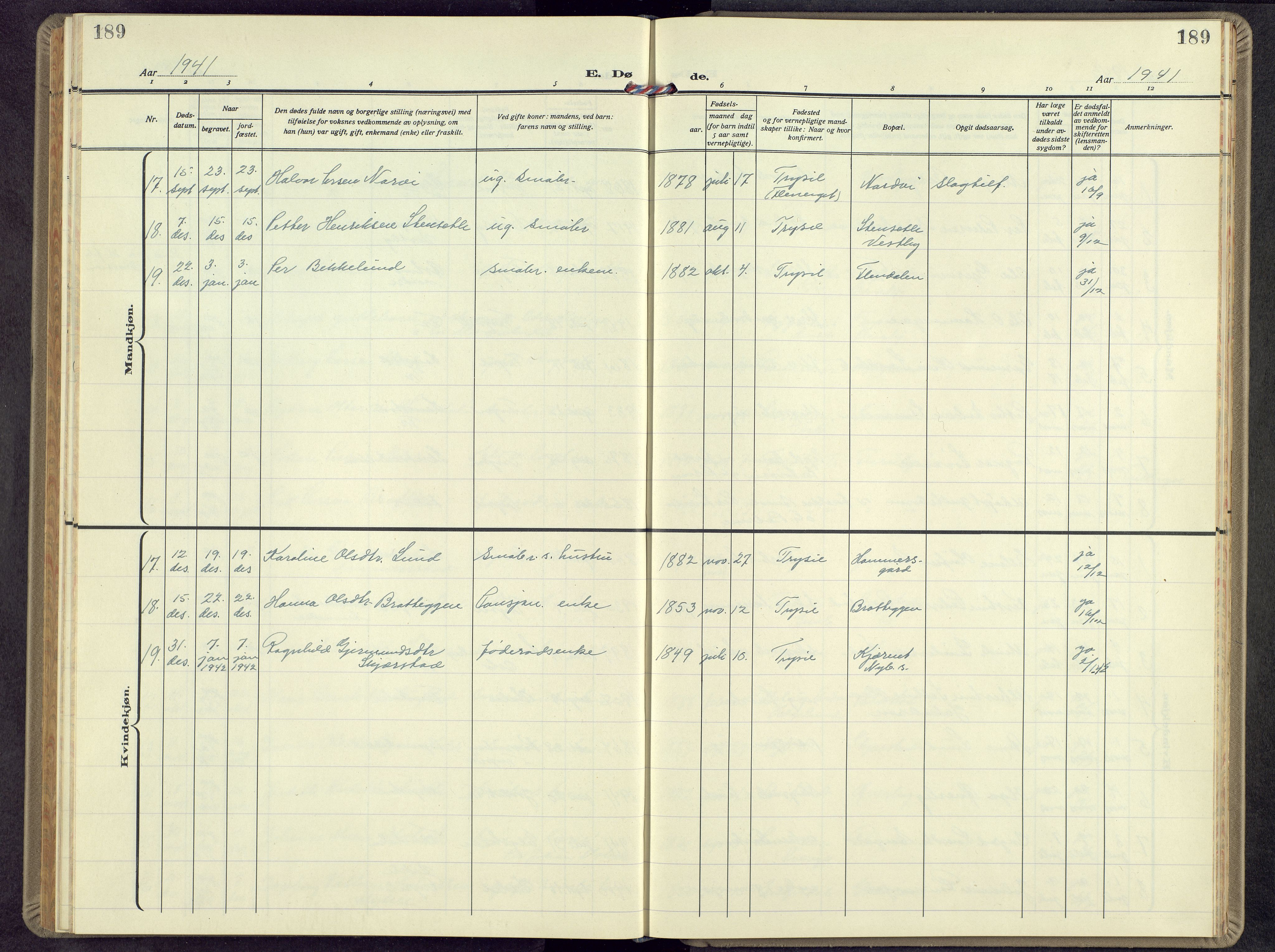 Trysil prestekontor, SAH/PREST-046/H/Ha/Hab/L0012: Parish register (copy) no. 12, 1938-1959, p. 189