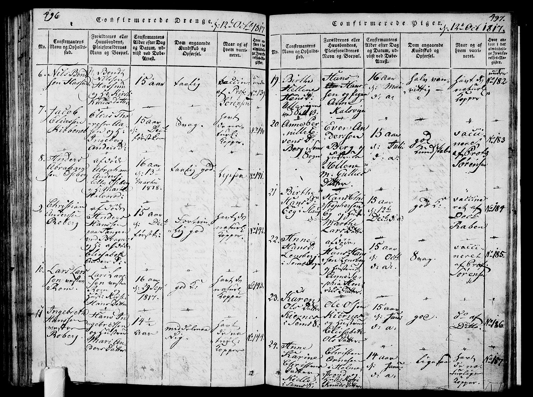 Sem kirkebøker, AV/SAKO-A-5/F/Fa/L0004: Parish register (official) no. I 4, 1814-1825, p. 496-497