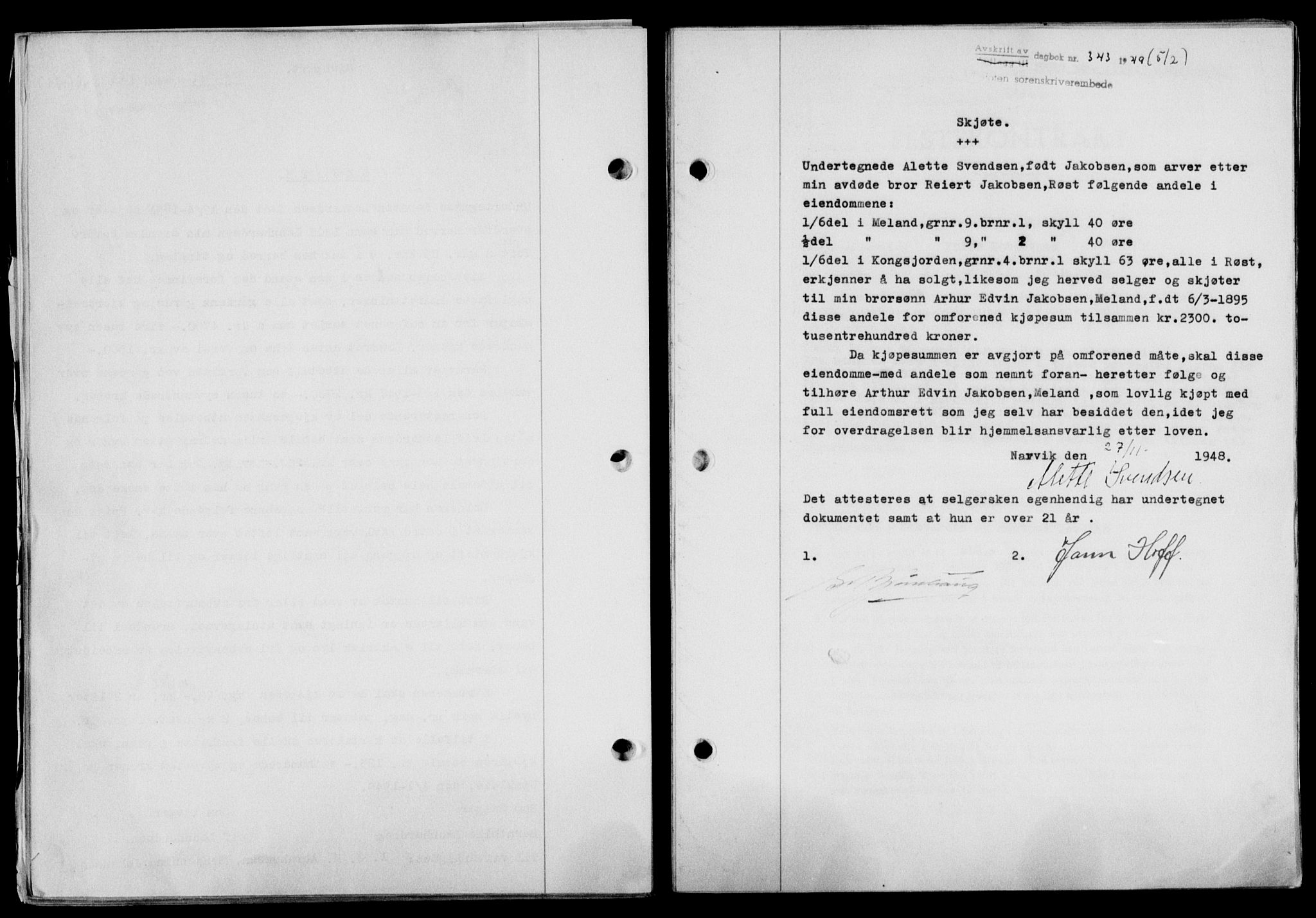 Lofoten sorenskriveri, SAT/A-0017/1/2/2C/L0020a: Mortgage book no. 20a, 1948-1949, Diary no: : 343/1949