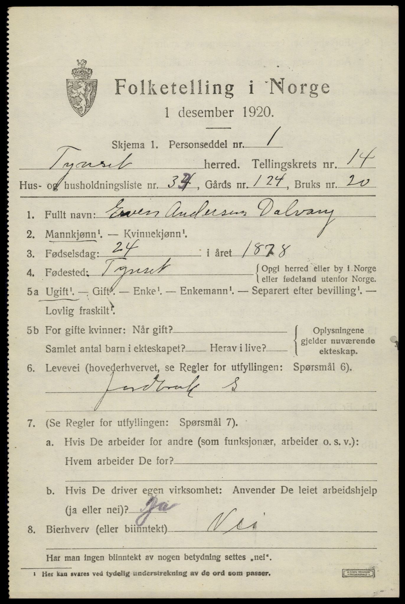 SAH, 1920 census for Tynset, 1920, p. 9198