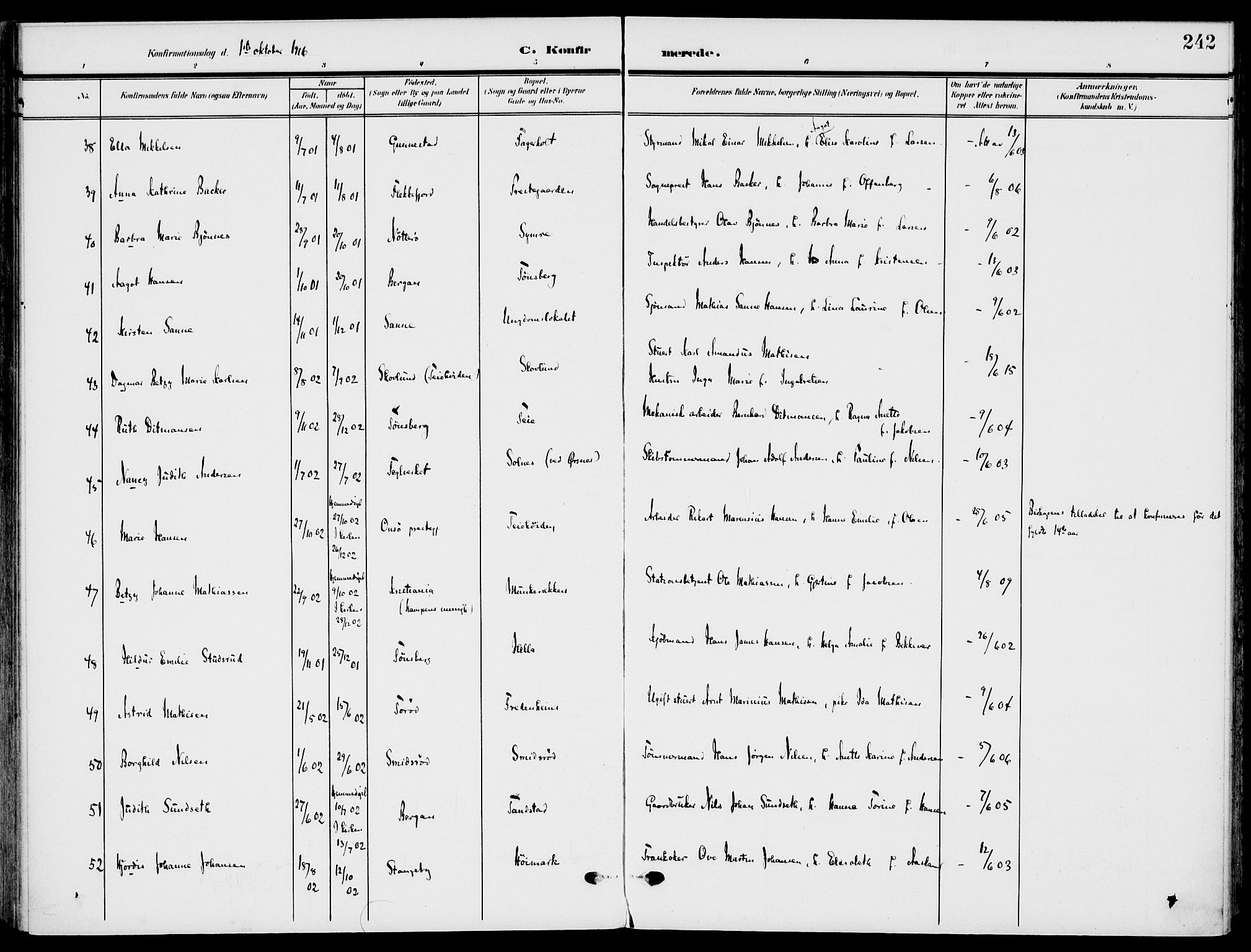 Nøtterøy kirkebøker, AV/SAKO-A-354/F/Fa/L0010: Parish register (official) no. I 10, 1908-1919, p. 242