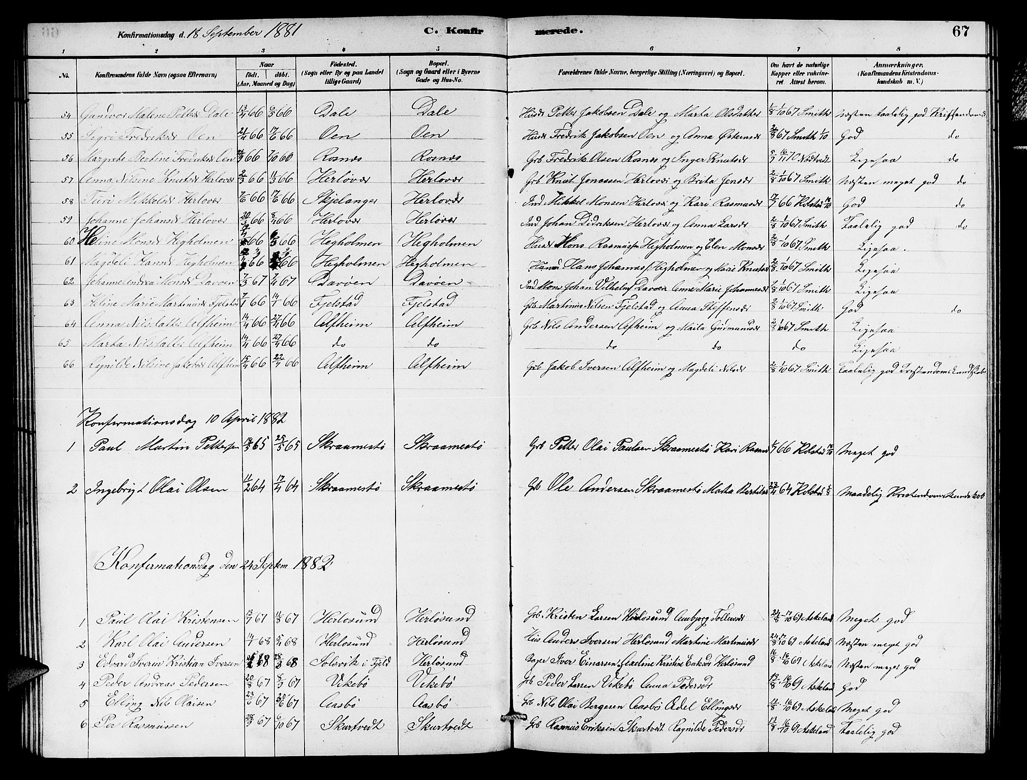 Herdla Sokneprestembete, SAB/A-75701/H/Hab: Parish register (copy) no. A 2, 1881-1888, p. 67