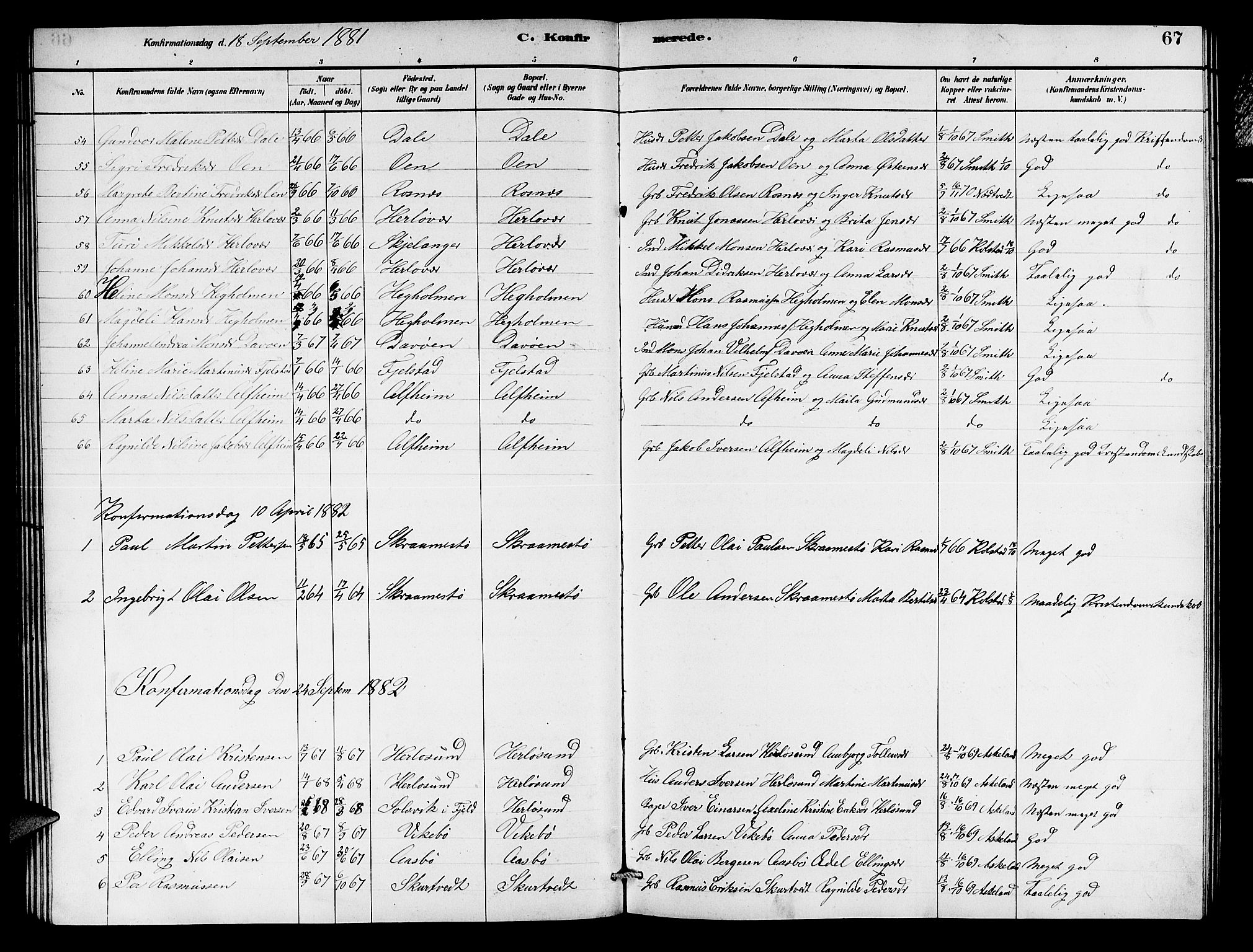 Herdla Sokneprestembete, AV/SAB-A-75701/H/Hab: Parish register (copy) no. A 2, 1881-1888, p. 67