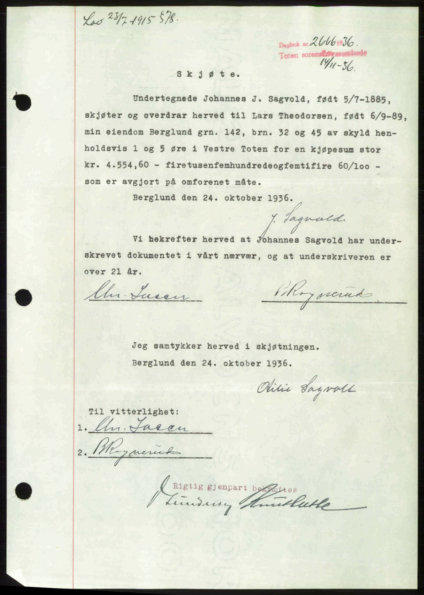 Toten tingrett, AV/SAH-TING-006/H/Hb/Hbc/L0002: Mortgage book no. Hbc-02, 1936-1937, Diary no: : 2666/1936