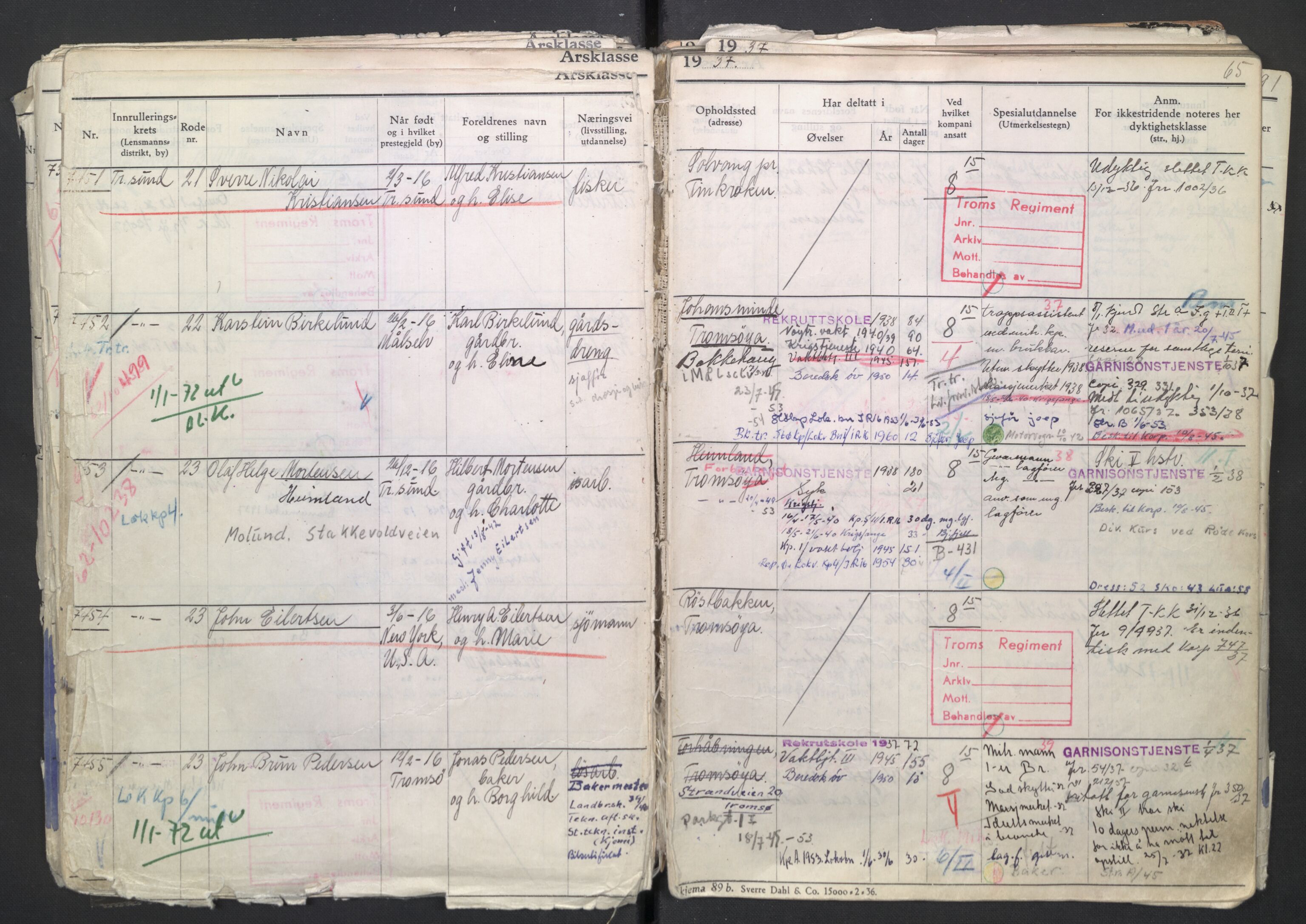 Forsvaret, Troms infanteriregiment nr. 16, AV/RA-RAFA-3146/P/Pa/L0007/0002: Ruller / Rulle for regimentets menige mannskaper, årsklasse 1937, 1937, p. 65