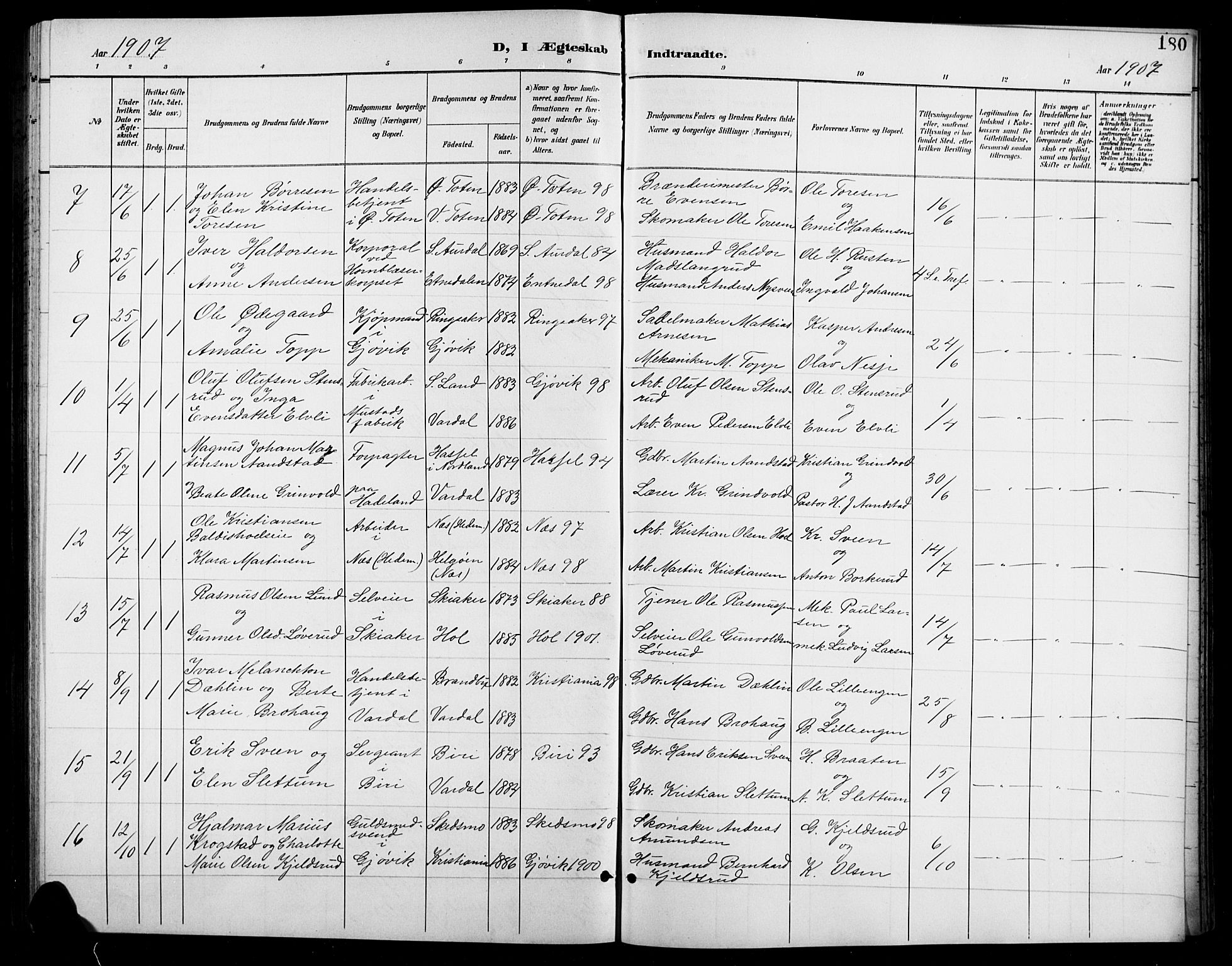 Vardal prestekontor, SAH/PREST-100/H/Ha/Hab/L0012: Parish register (copy) no. 12, 1902-1911, p. 180
