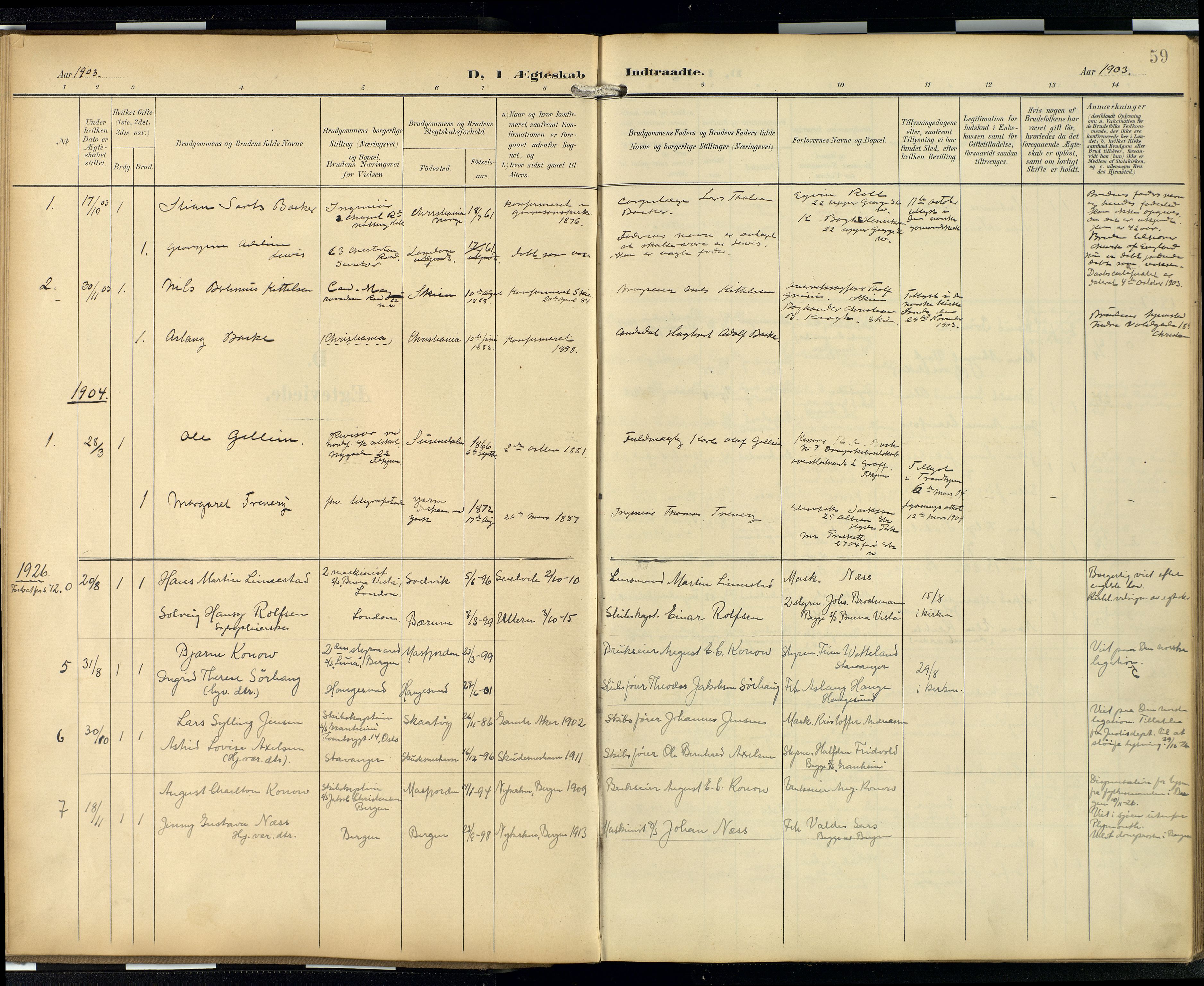  Den norske sjømannsmisjon i utlandet/London m/bistasjoner, SAB/SAB/PA-0103/H/Ha/L0003: Parish register (official) no. A 3, 1903-1934, p. 58b-59a