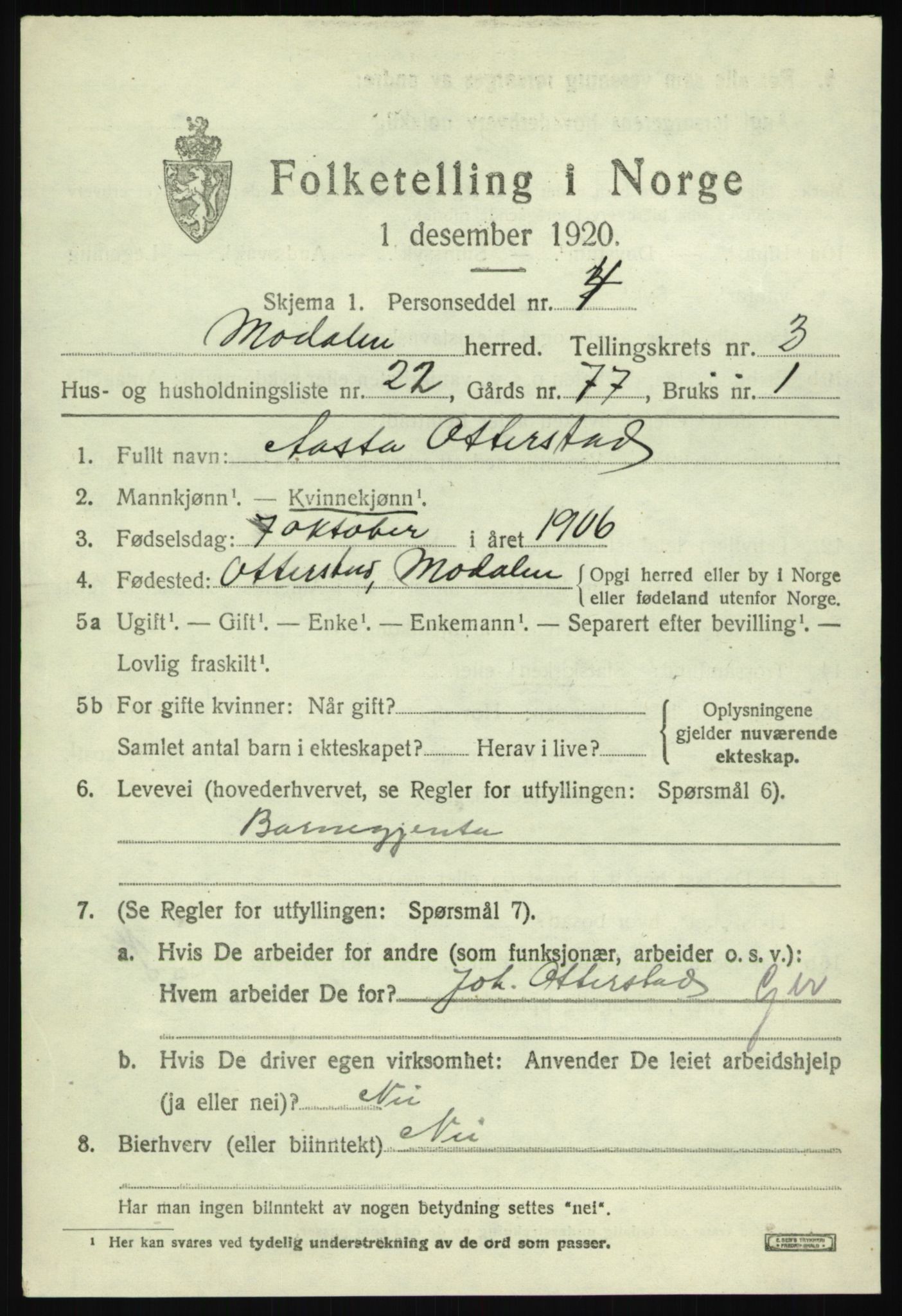 SAB, 1920 census for Modalen, 1920, p. 790