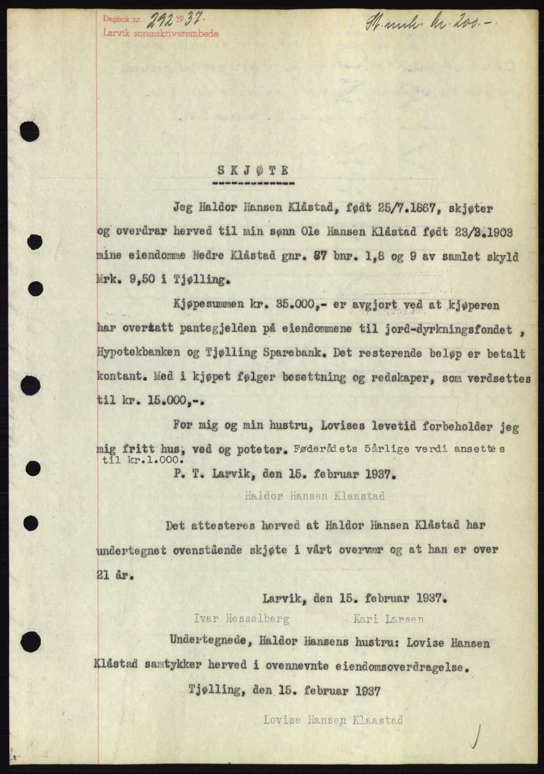 Larvik sorenskriveri, SAKO/A-83/G/Ga/Gab/L0067: Mortgage book no. A-1, 1936-1937, Diary no: : 292/1937